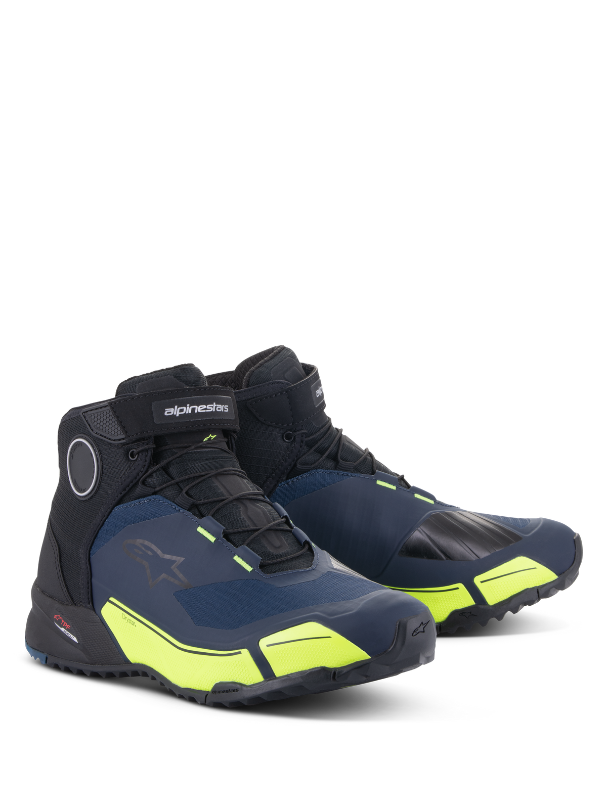 Zapatos de moto Alpinestars CR-X Drystar®, negro, azul oscuro y amarillo flúor, calzado impermeable con silueta de zapatilla de running, diseño de corte medio con estilo deportivo y detalles vibrantes en amarillo fluorescente