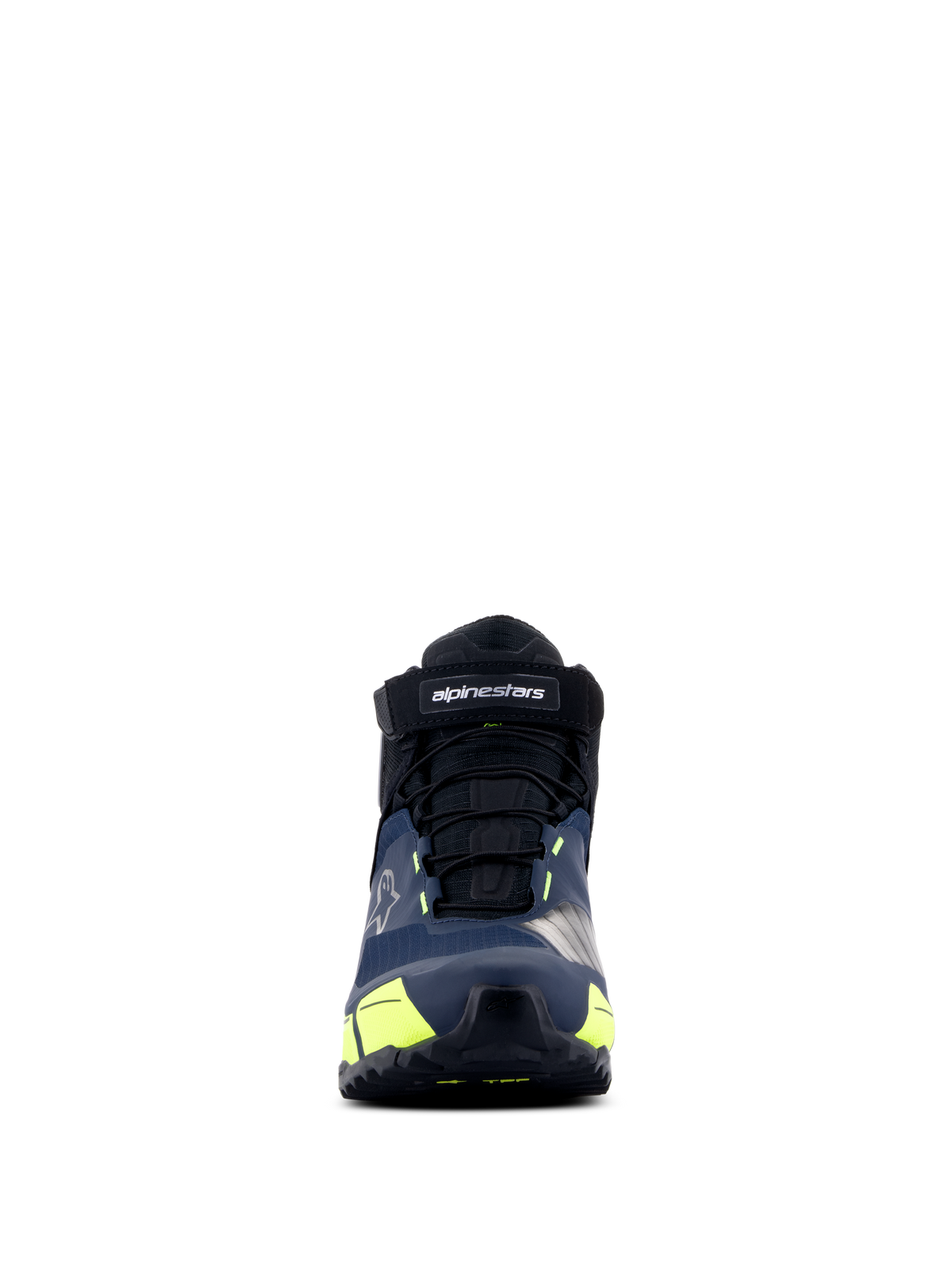 Alpinestars CR-X Drystar® Riding Shoes, calzado de moto, negro, azul oscuro y amarillo flúor, vista frontal, con una correa de velcro con la marca Alpinestars, cordones negros y detalles en amarillo vibrante, diseño de inspiración deportiva para comodidad durante todo el día