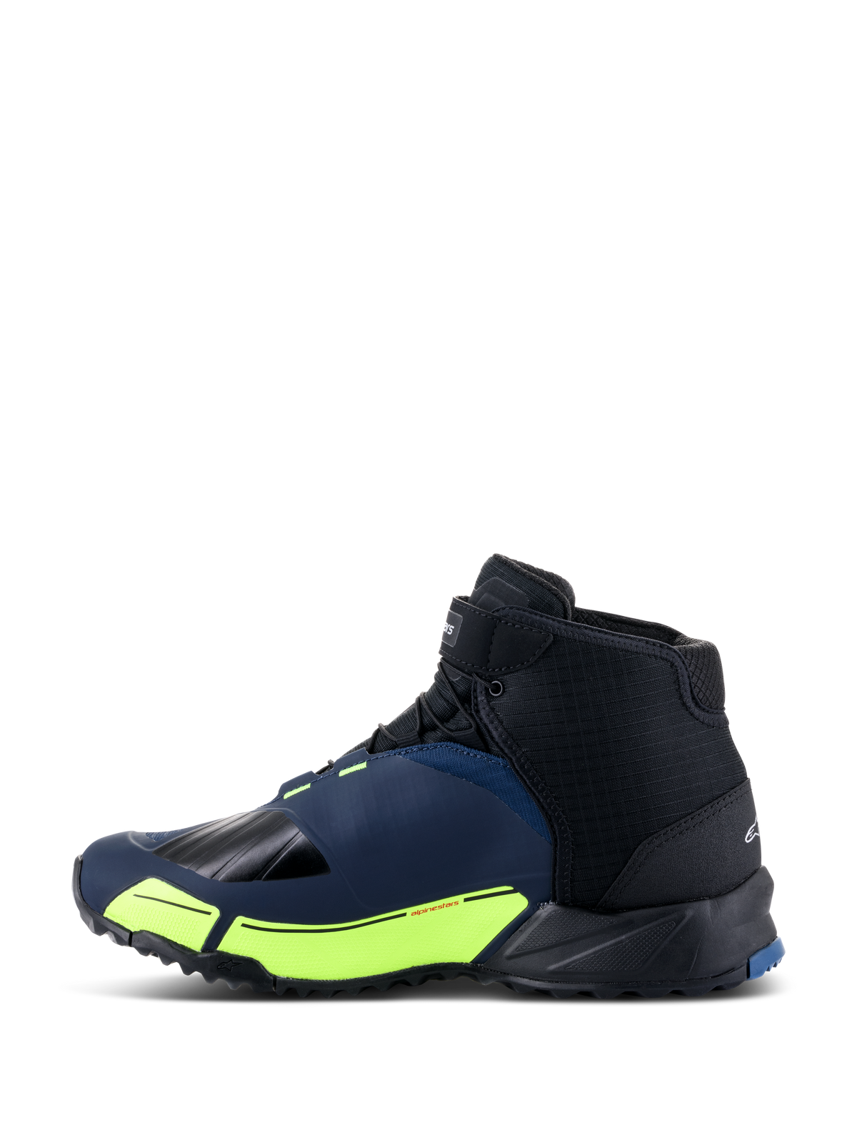 Alpinestars CR-X Drystar® Riding Shoes, zapatillas para moto en negro, azul oscuro y amarillo flúor, perfil lateral con silueta de zapatilla de running, membrana impermeable Drystar, acentos amarillos fluorescentes en la entresuela y puntera y talón reforzados para protección.