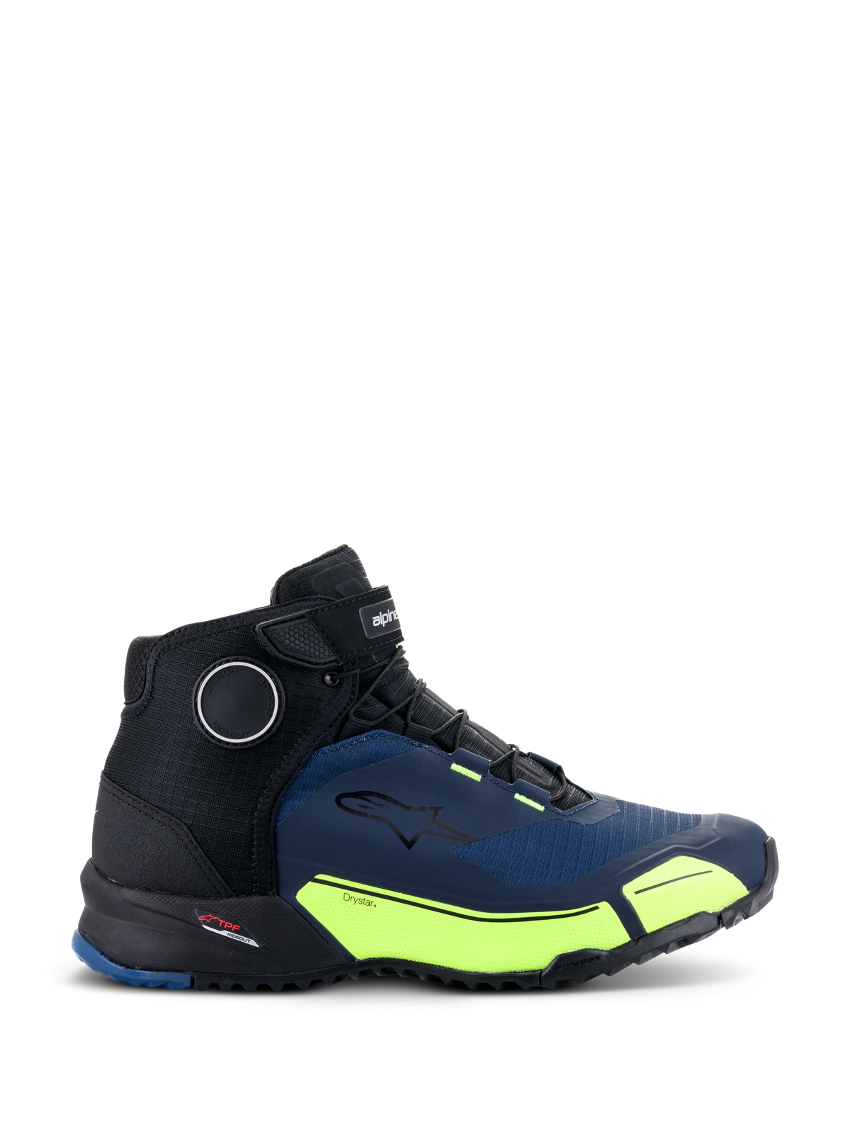 Zapatillas de moto Alpinestars CR-X Drystar®, negro, azul oscuro y amarillo fluorescente, calzado de motociclismo de inspiración deportiva con detalles en amarillo flúor y paneles azul oscuro, diseño impermeable con silueta de zapatilla de running para comodidad durante todo el día.