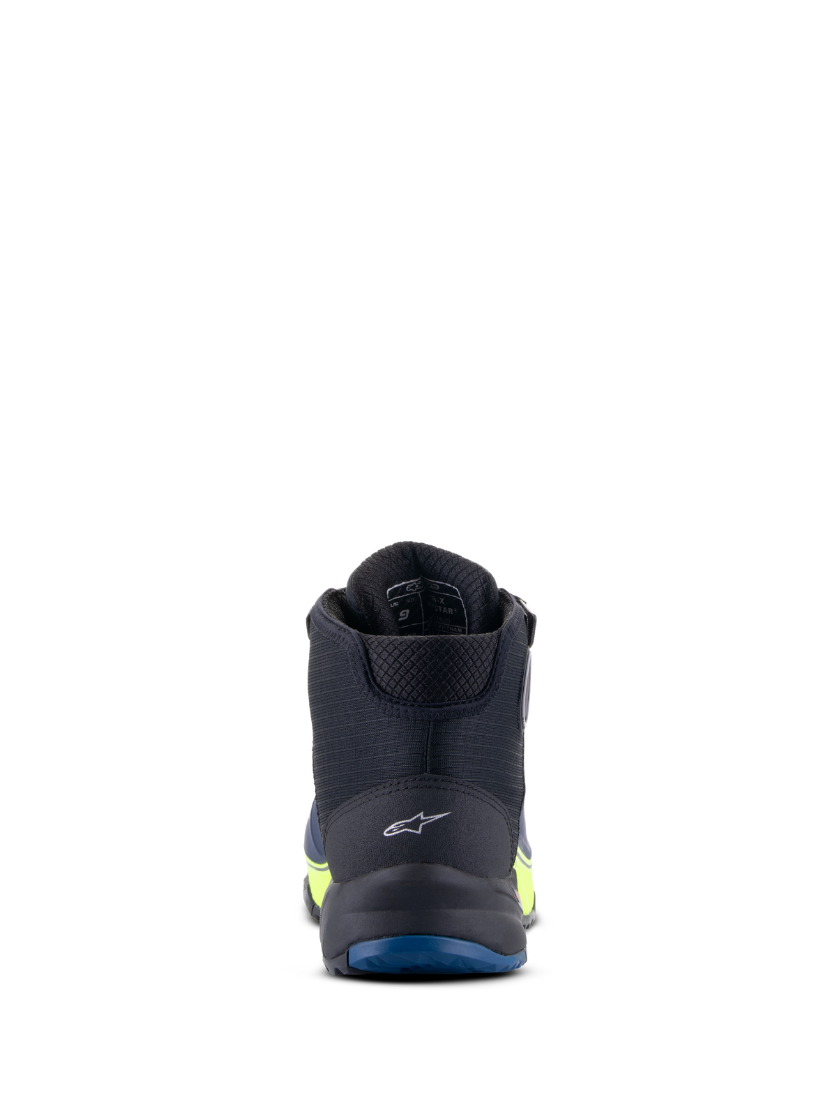 Alpinestars CR-X Drystar® Riding Shoes, zapatillas de moto, negro, azul oscuro y amarillo flúor, vista trasera que resalta el logo del talón y la suela azul, rendimiento impermeable con detalles en amarillo flúor