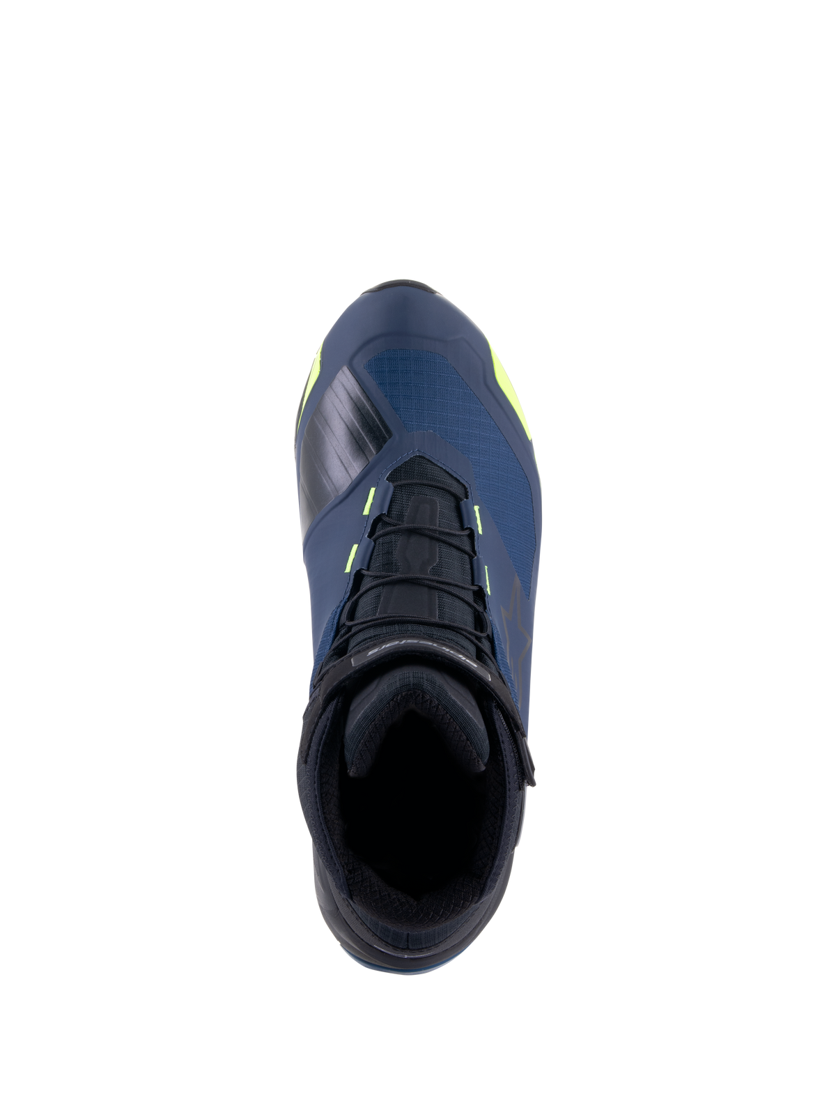 Alpinestars CR-X Drystar® Riding Shoes, vista superior, negro, azul oscuro y amarillo flúor, zapatillas de moto impermeables con silueta de zapatilla de running, con cordones negros y detalles amarillos vibrantes sobre una parte superior azul oscuro