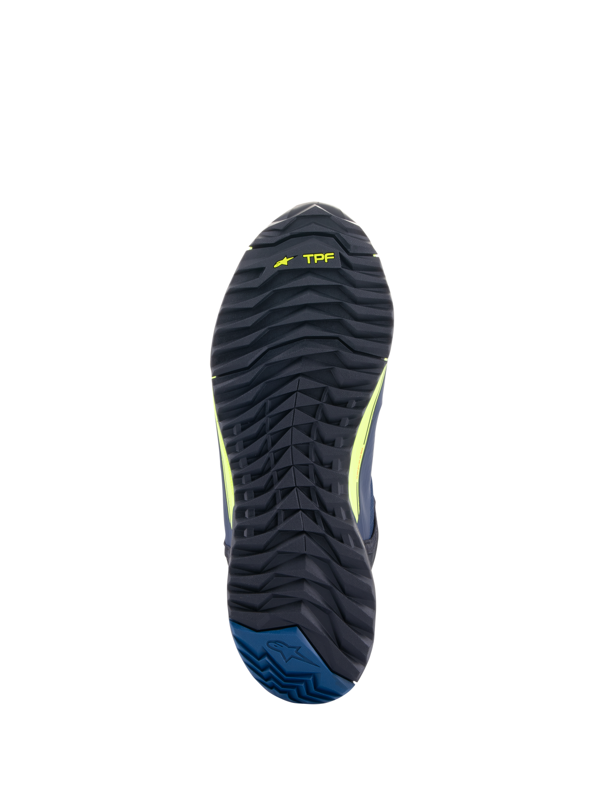 Zapatillas de moto Alpinestars CR-X Drystar®, vista de la suela, color negro con logotipo TPF en amarillo flúor y talón azul oscuro, suela de textura rugosa para mayor tracción y comodidad al caminar durante todo el día