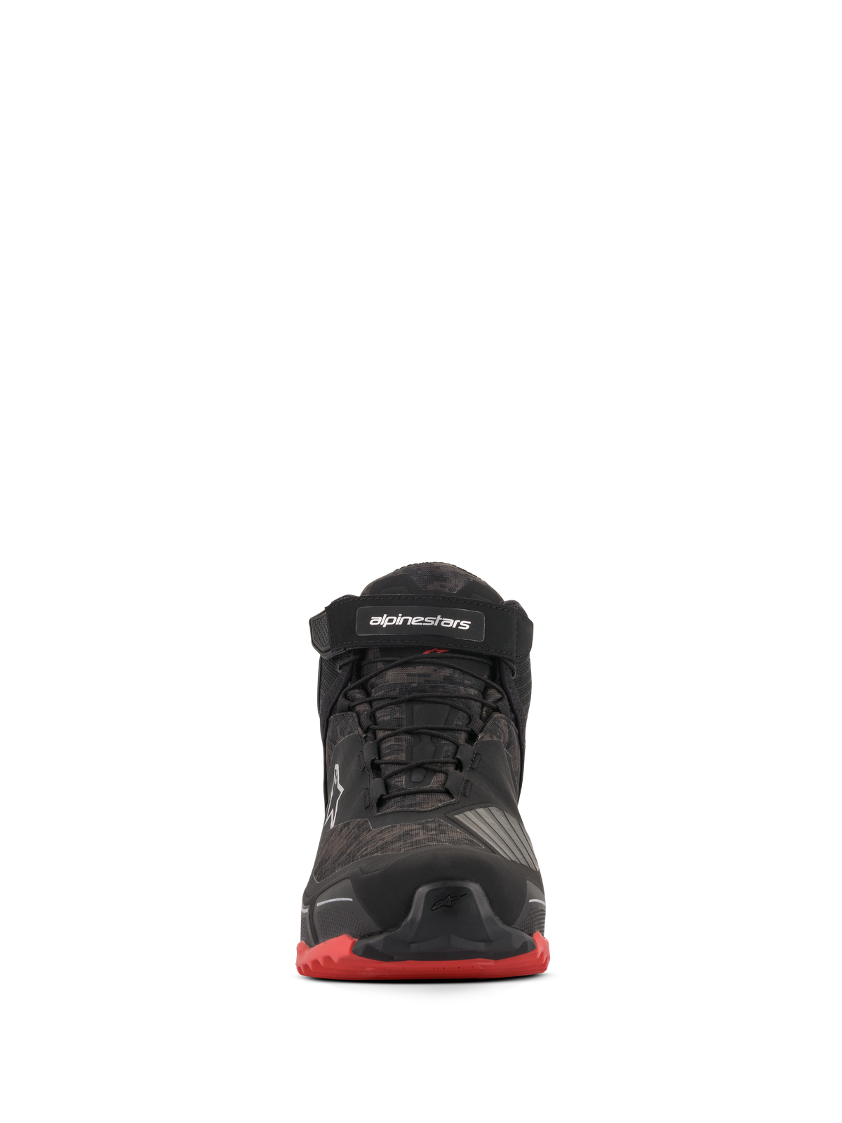 Zapatos para moto Alpinestars CR-X Drystar®, calzado de conducción, negro camuflaje rojo, vista frontal con diseño de camuflaje, correa negra en el tobillo con logotipo blanco, cordones negros y detalles rojos en la suela