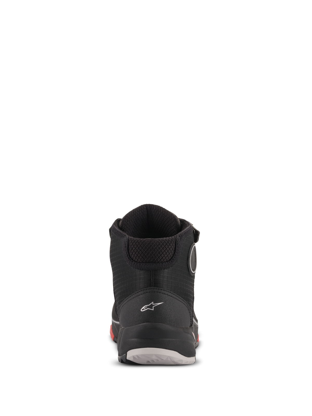 Zapatos de moto Alpinestars CR-X Drystar®, vista trasera, negro camo rojo, con logotipo de Astars blanco en el talón, cuello acolchado y suela duradera con detalles en rojo y gris