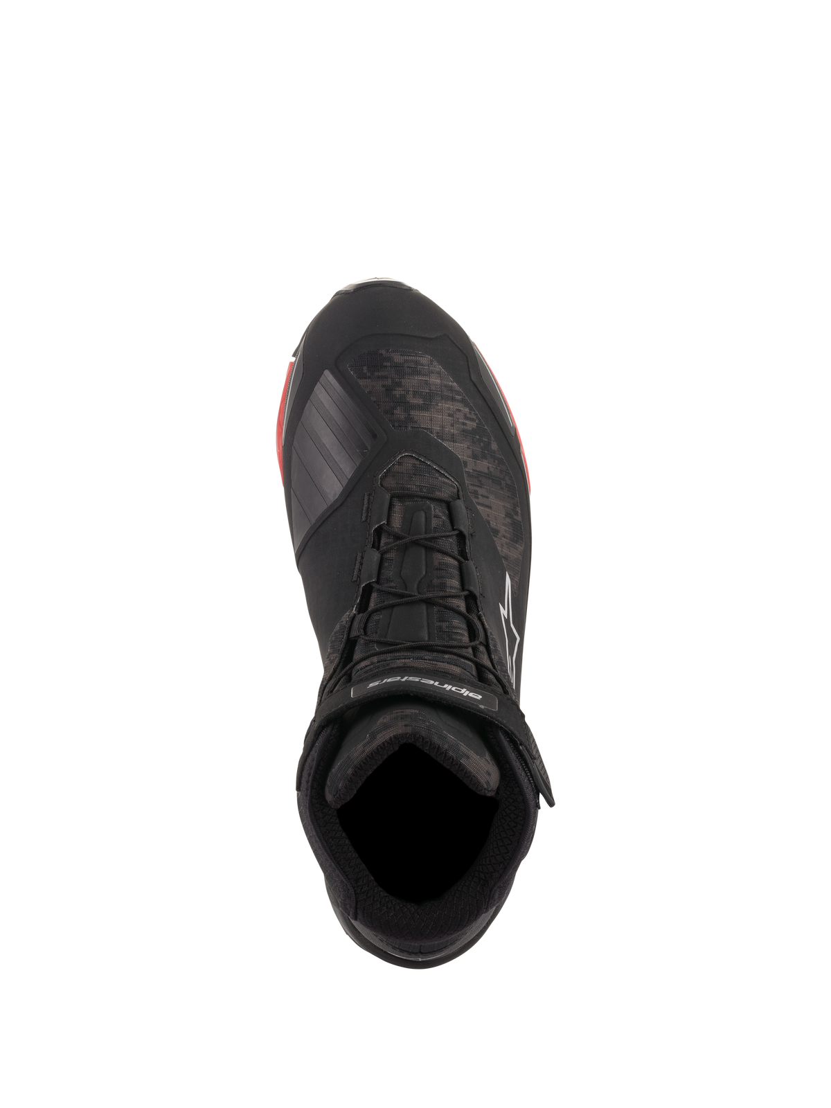 Alpinestars CR-X Drystar® Riding Shoes, zapatillas de moto en color negro camuflaje rojo, vista desde arriba con patrón de camuflaje y cordones negros, correa de tobillo con marca Alpinestars en blanco, calzado impermeable para motociclista con detalles rojos en la suela