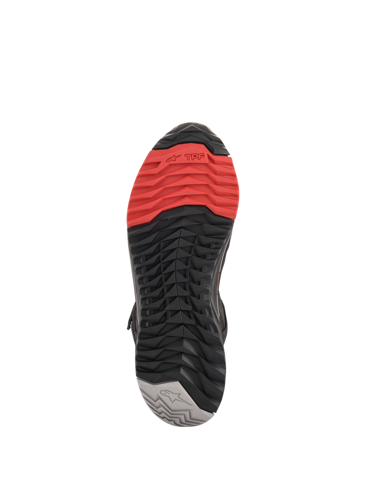 Zapatillas de moto Alpinestars CR-X Drystar®, vista de la suela, con un patrón de banda de rodadura multicolor con rojo en la puntera, sección media negra y talón gris, diseño de agarre agresivo para protección en el pilotaje y comodidad al caminar.