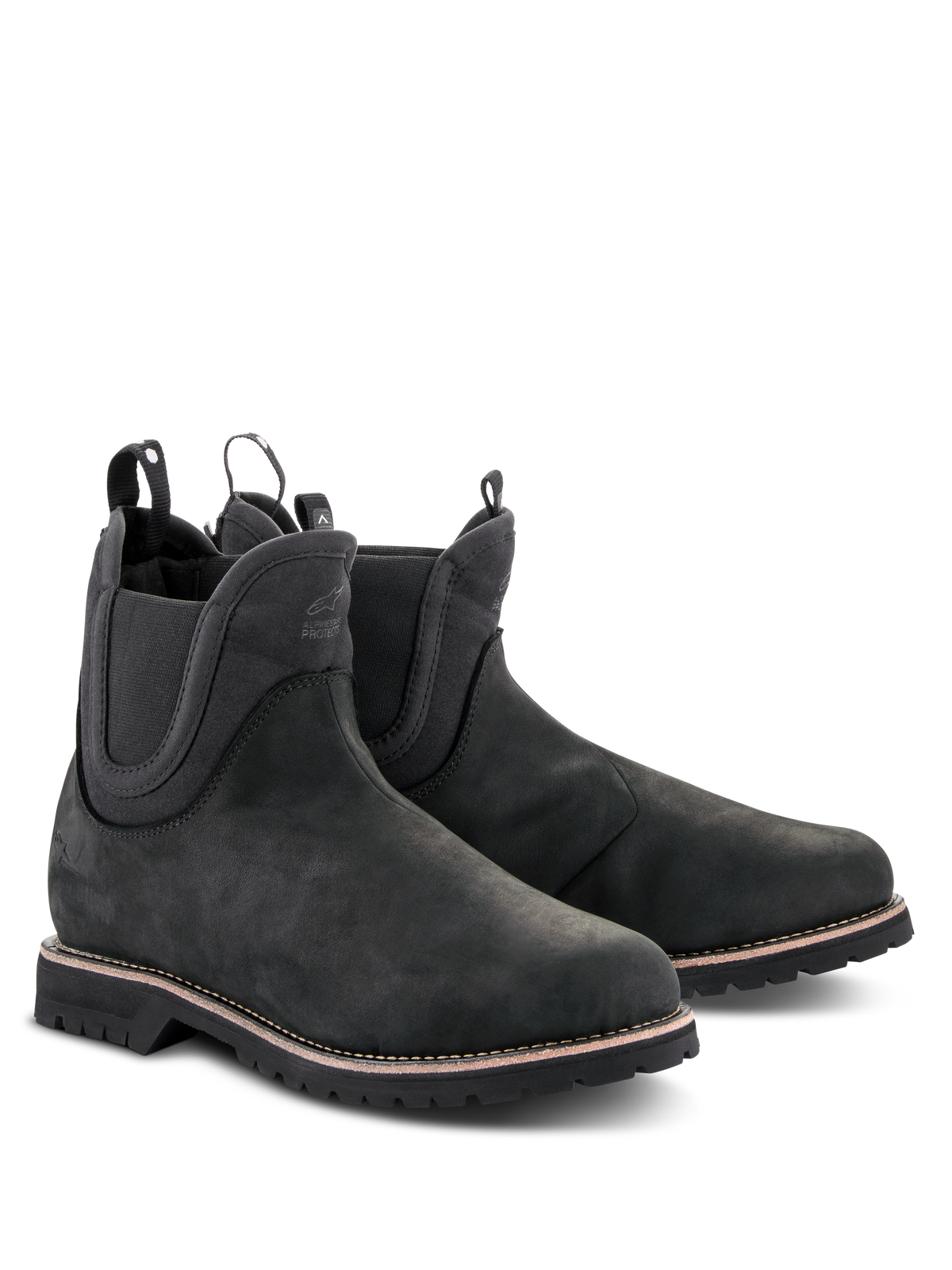 Alpinestars Turnstone Shoes, Black Chelsea-style Motorcycle Boots, matte bovine leather upper with elastic side panels and rear pull tabs, urban riding footwear featuring a rugged lugged sole with white welt stitching