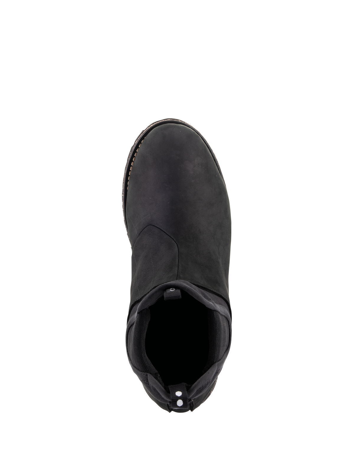 Alpinestars Turnstone Shoes, Black Black, top-down view of a bovine leather urban motorcycle riding shoe featuring an elasticated Chelsea-style entrance and a rear pull tab with white dots, minimalist protective footwear for road use.