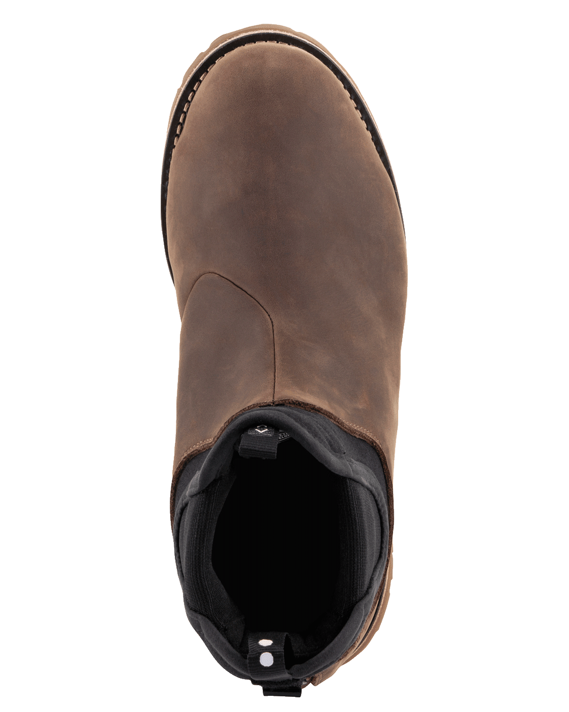 Alpinestars Turnstone Shoes, Chocolate Brown leather motorcycle boots, Chelsea boot style, top-down view showing the smooth bovine leather upper and padded ankle opening, urban riding footwear