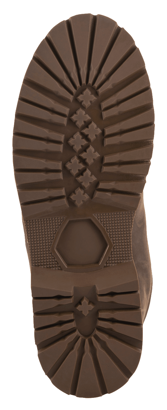 Alpinestars Turnstone Shoes, Outsole View, Chocolate, rugged rubber sole with deep lugged tread pattern, X-shaped grip details and hexagonal heel design, protective motorcycle riding shoe