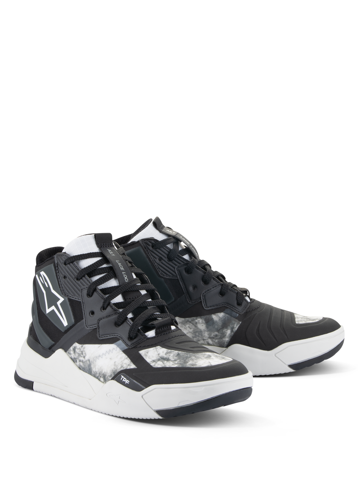 Zapatos Alpinestars Speedflight, calzado para motociclismo, negro, gris y blanco, con un patrón jaspeado, diseño de zapatilla de caña alta con paneles reforzados, logotipo blanco de Alpinestars y suela de goma duradera