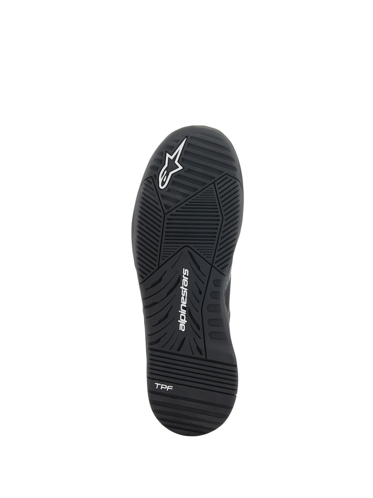Zapatos Alpinestars Speedflight, zapatos para motociclismo, negros, vista inferior de la suela de goma de doble densidad, con el logotipo de Alpinestars y la marca TPF, patrón de dibujo técnico para un rendimiento urbano