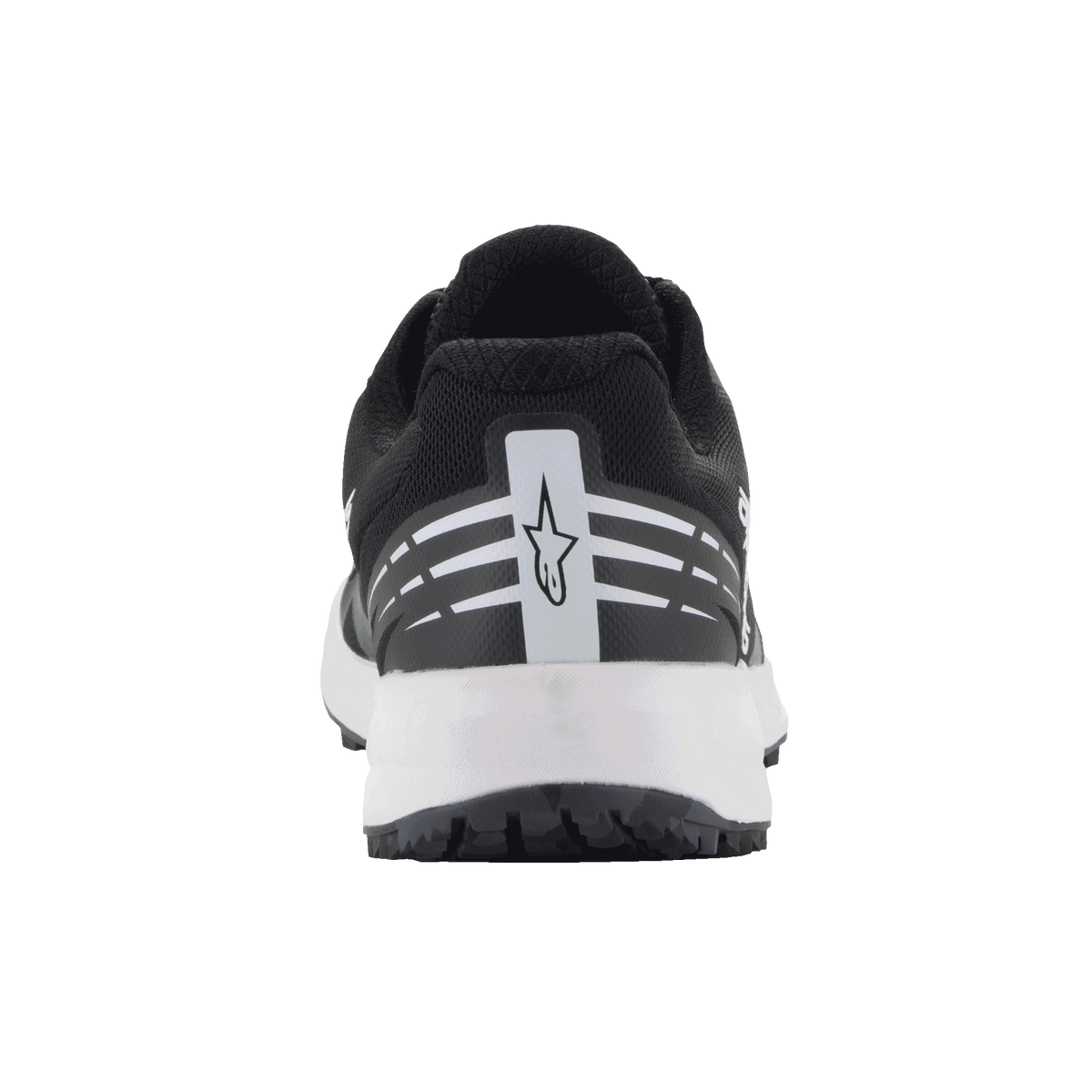 Zapatos Alpinestars Meta Road V2, calzado de sportswear, negro y blanco, vista trasera con el logotipo de estrella de Alpinestars en blanco y franjas horizontales en el talón, entresuela blanca, diseño ligero y transpirable para ropa de trabajo de equipos de carreras