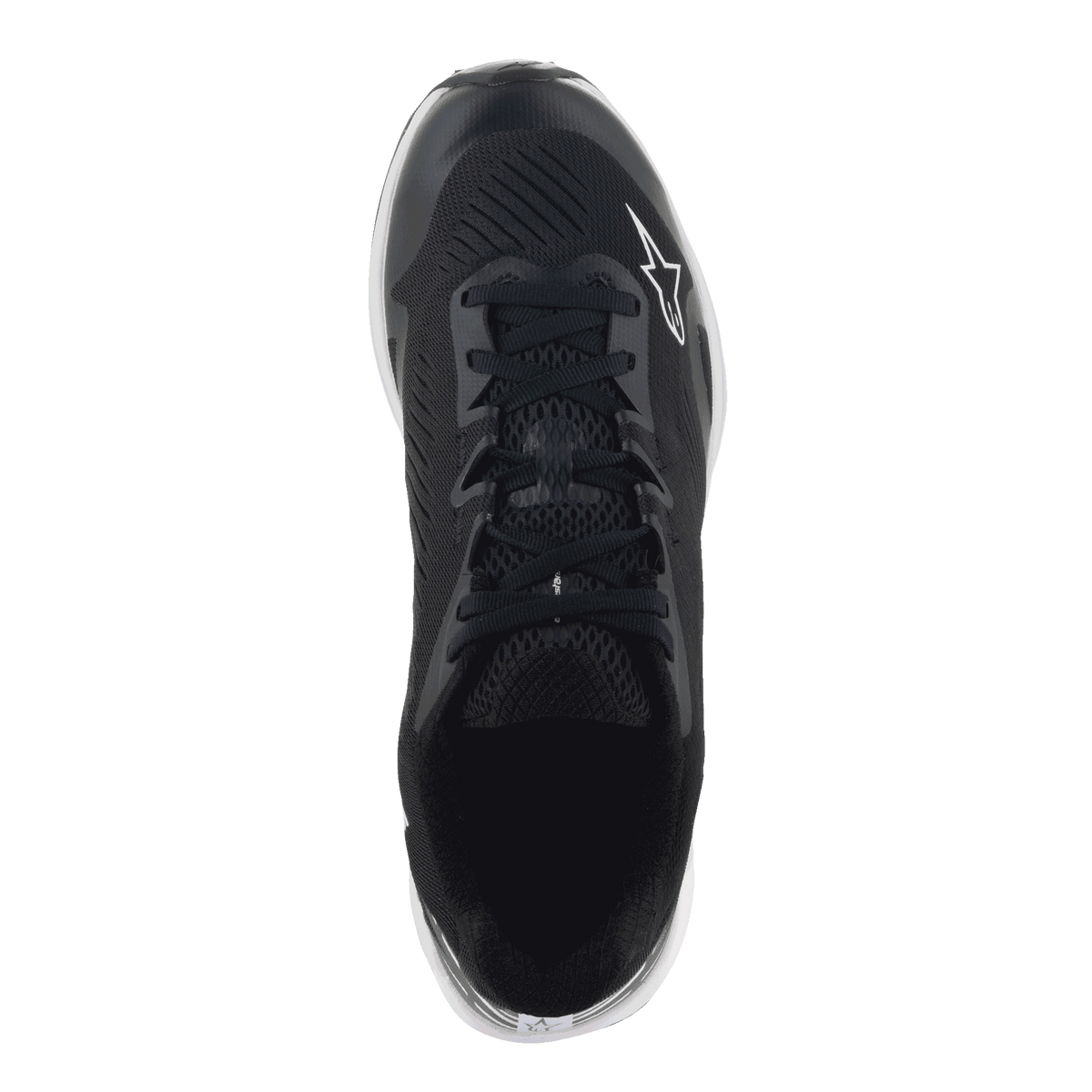 Zapatos Alpinestars Meta Road V2, calzado deportivo, negro y blanco, vista superior que muestra la parte superior de malla sintética transpirable, cordones negros y logotipo Astars blanco, diseñados para comodidad durante todo el día y ropa de trabajo para equipos de carreras.