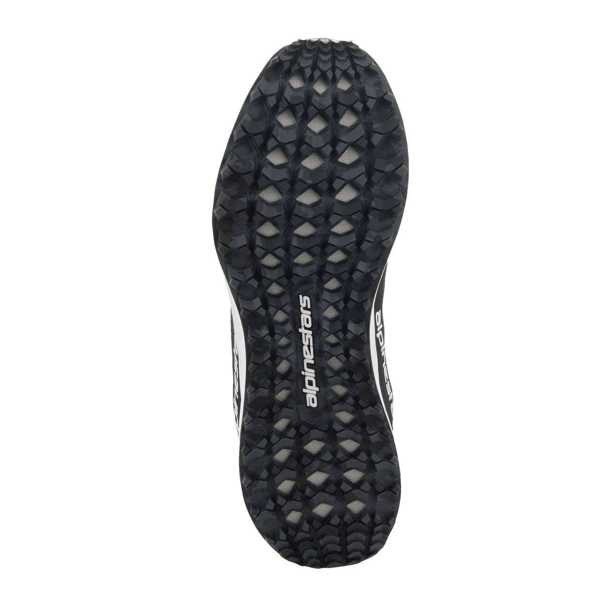 Zapatos Alpinestars Meta Road V2, vista inferior de la suela, patrón de agarre con tacos estilo camuflaje en negro y gris, logotipo de Alpinestars en blanco, suela de goma duradera para tracción en múltiples terrenos