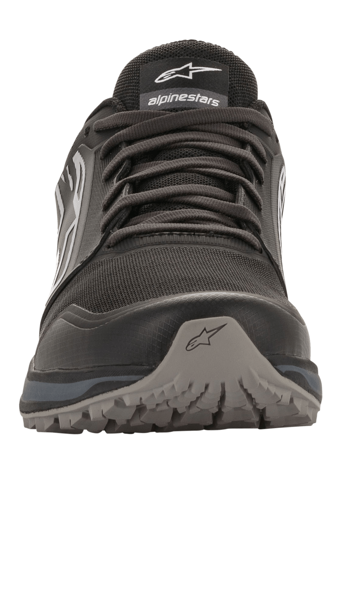 Alpinestars Meta Trail Shoes, zapatillas de running de alto rendimiento, negro y gris oscuro, vista frontal, puntera duradera con logotipo de estrella, confección en malla con cordones, suela de goma robusta resistente al aceite