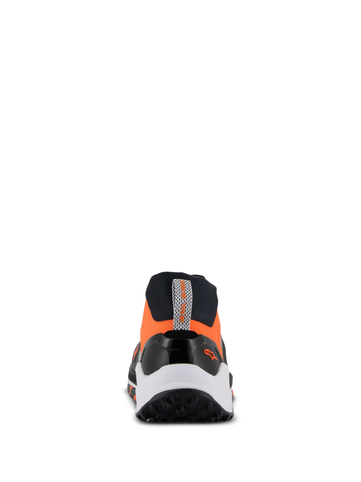 Zapatillas Alpinestars Meta XR V2, calzado deportivo casual, negro, naranja y blanco, vista trasera con suela de goma robusta, entresuela blanca y parte superior naranja con tirador en el talón y pequeño logotipo de Alpinestars.