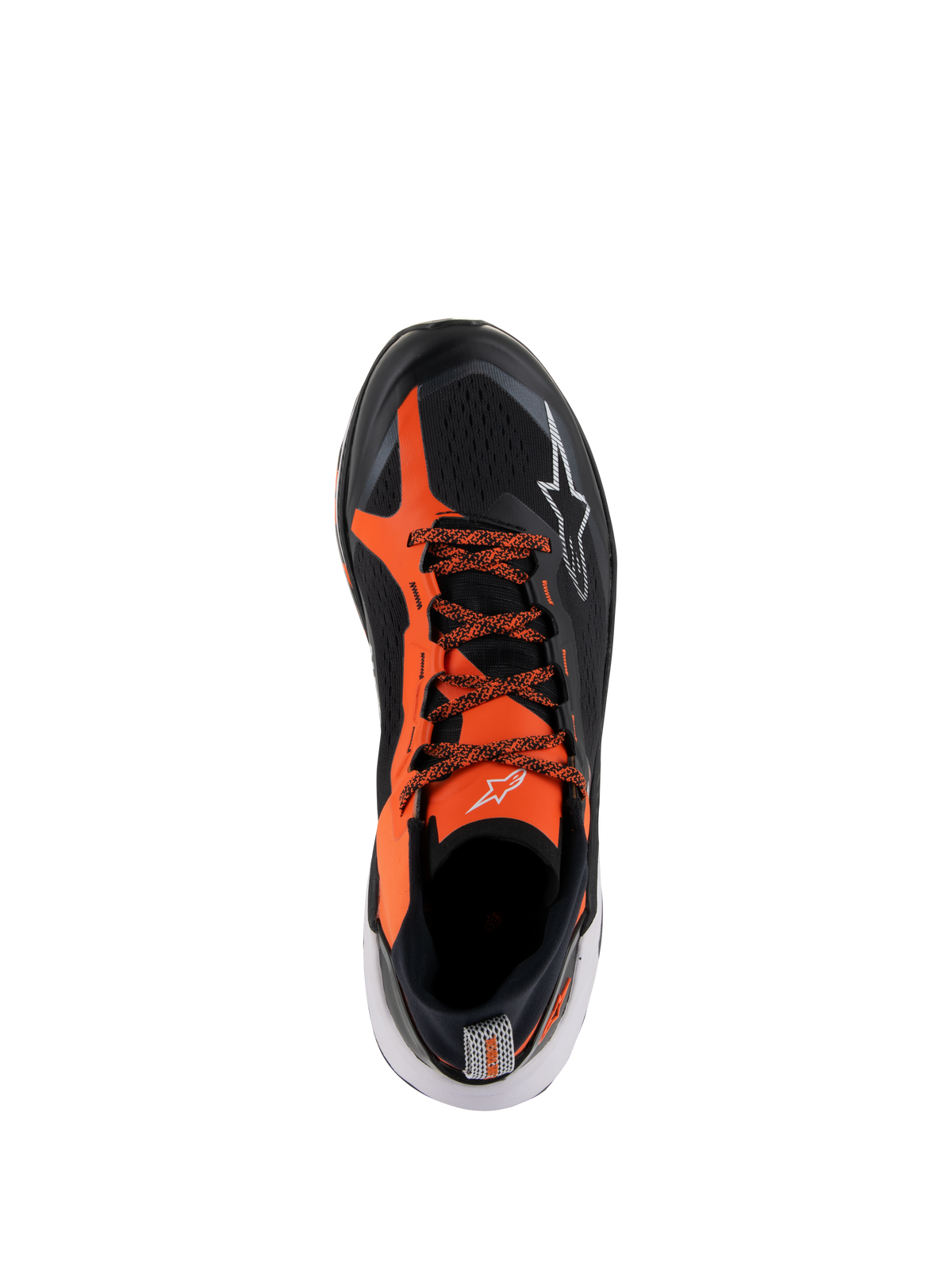 Zapatillas Alpinestars Meta XR V2, calzado deportivo casual, negro, naranja y blanco, vista desde arriba con parte superior de malla técnica negra y capas naranja vibrante, cordones con patrón y detalles de logo blancos, diseñadas para comodidad y estabilidad durante todo el día.