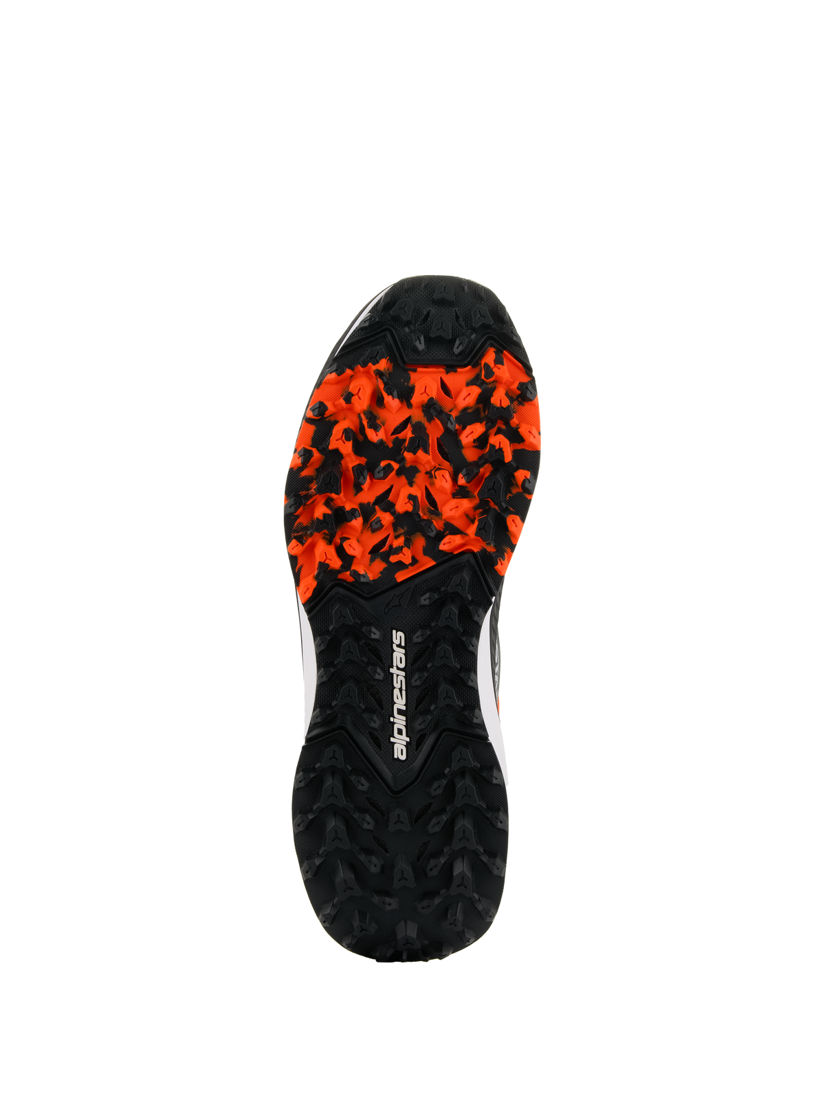 Zapatillas Alpinestars Meta XR V2, suela de goma resistente, negro y naranja, con patrón de tacos de alta tracción para superficies sucias, logotipo de Alpinestars en blanco, resistente al aceite y anatómicamente optimizada para agarre off-road