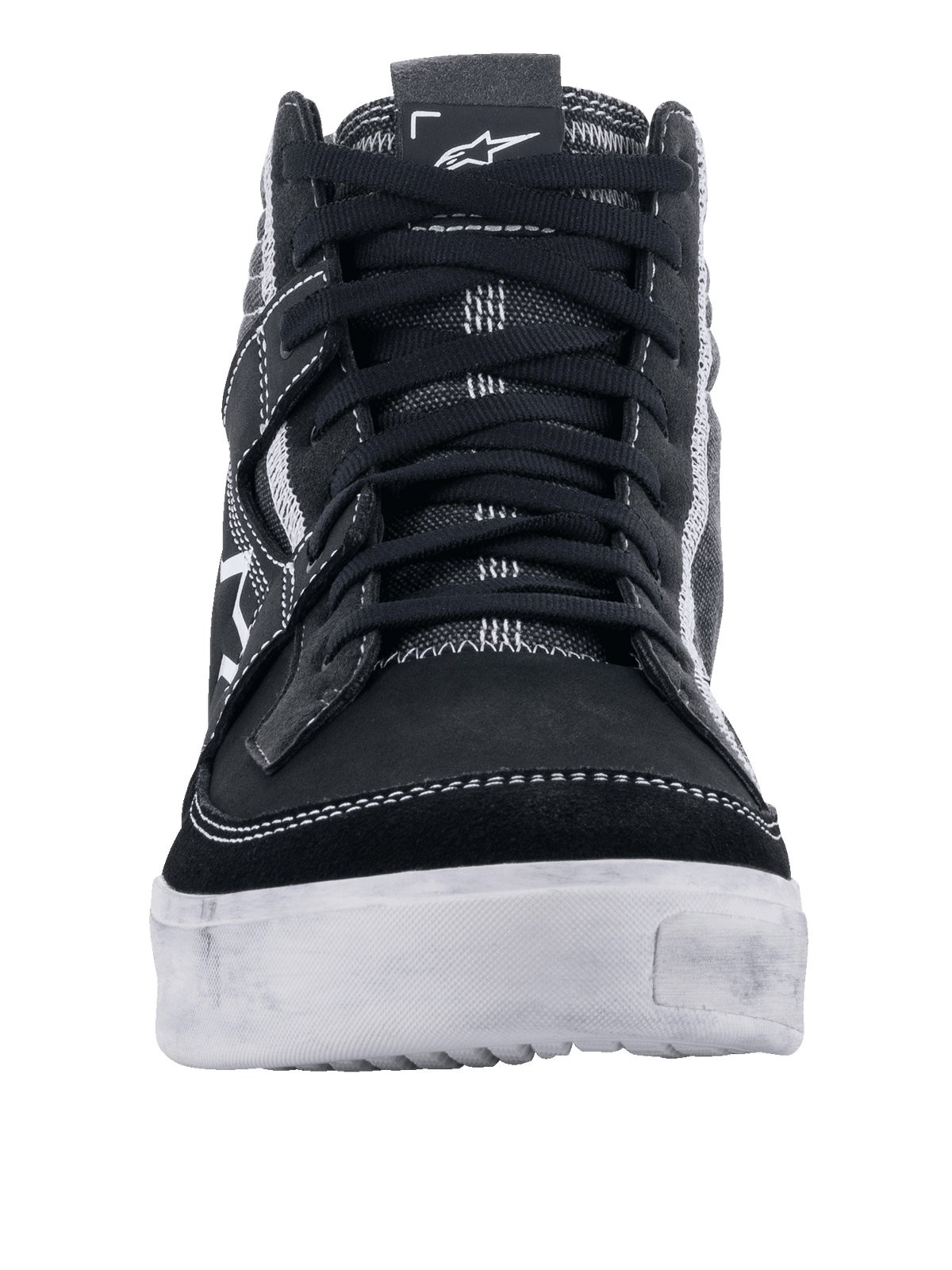 Alpinestars Ageless Riding Shoes, Black White Cool Gray, front view of casual motorcycle shoe, black suede and canvas upper with white contrast stitching, durable white sole, urban riding footwear