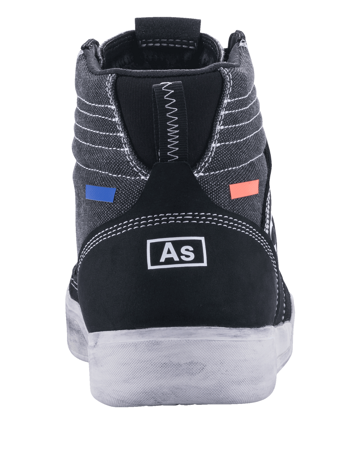 Zapatos de moto Alpinestars Ageless, calzado para motorista, negro y gris Cool Gray, vista trasera con lona gris oscuro y costuras blancas, talón de ante negro con logotipo blanco, detalles en azul y naranja, diseño urbano casual con suela blanca