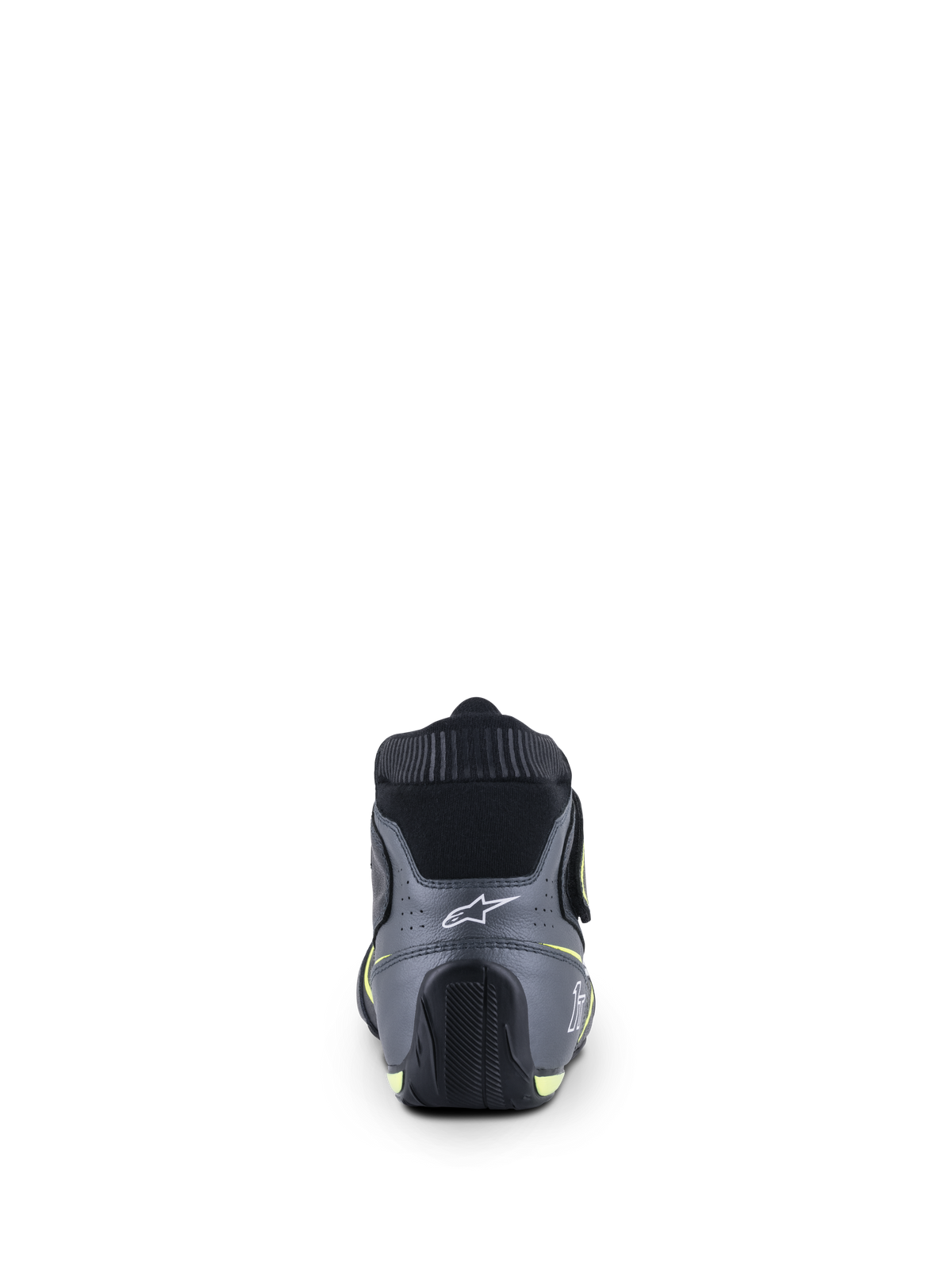 Alpinestars Tech-1 T V3 Shoes FIA, Auto Racing Shoes, Black Cool Gray and Yellow Fluo, rear view featuring the white star logo on the heel and fireproof elastic collar