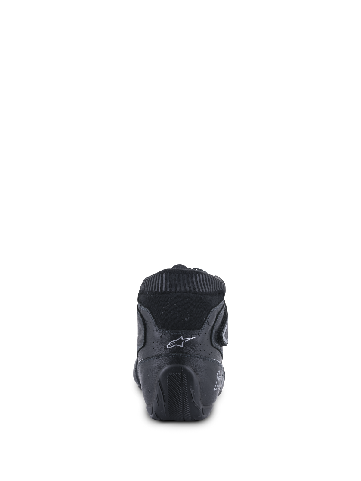 Alpinestars Tech-1 T V3 Shoes FIA, zapatos de automovilismo, negro y plateado, vista trasera que muestra el contrafuerte ergonómico del talón, el logotipo blanco de Astars y la suela de goma texturizada diseñada para el control de los pedales.