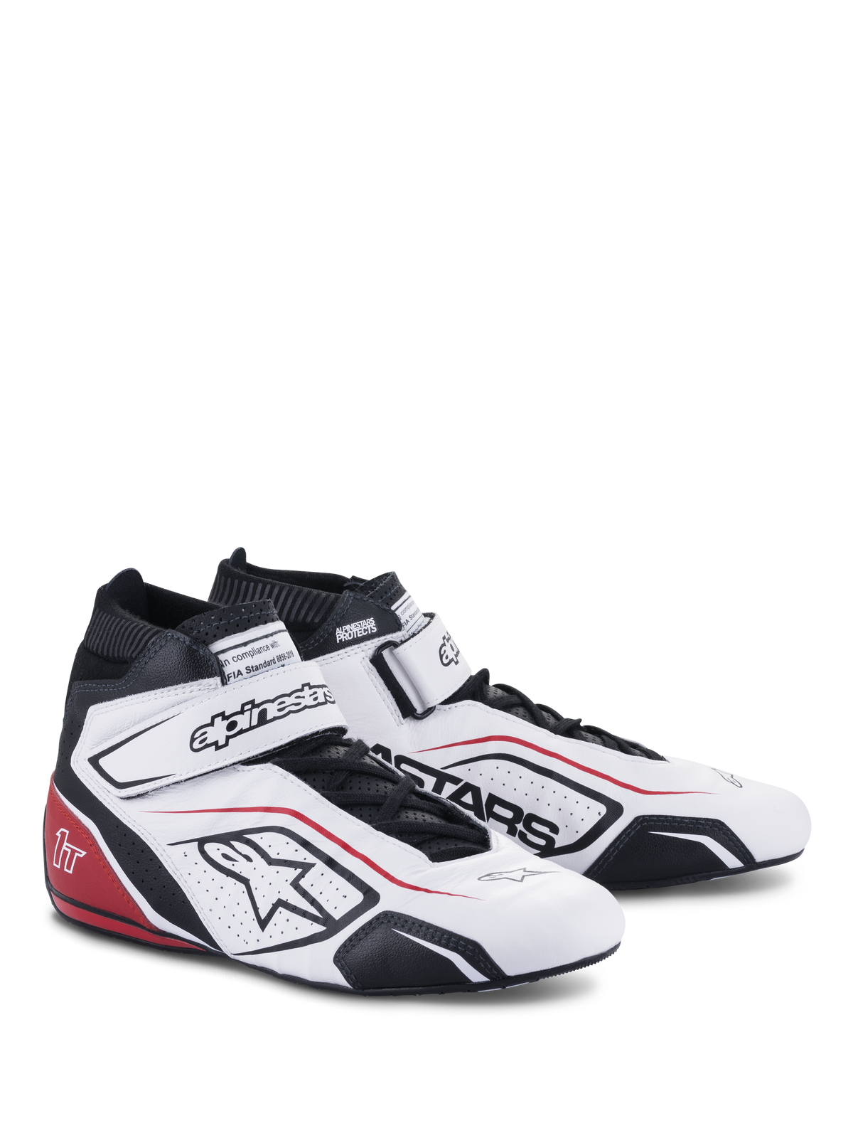 Alpinestars Tech-1 T V3 Shoes FIA, calzado para automovilismo, blanco con detalles en negro y rojo, con parte superior de cuero de plena flor, correa de tobillo ajustable de gancho y bucle, paneles laterales perforados con el logo de Astars y diseño de carreras profesional.