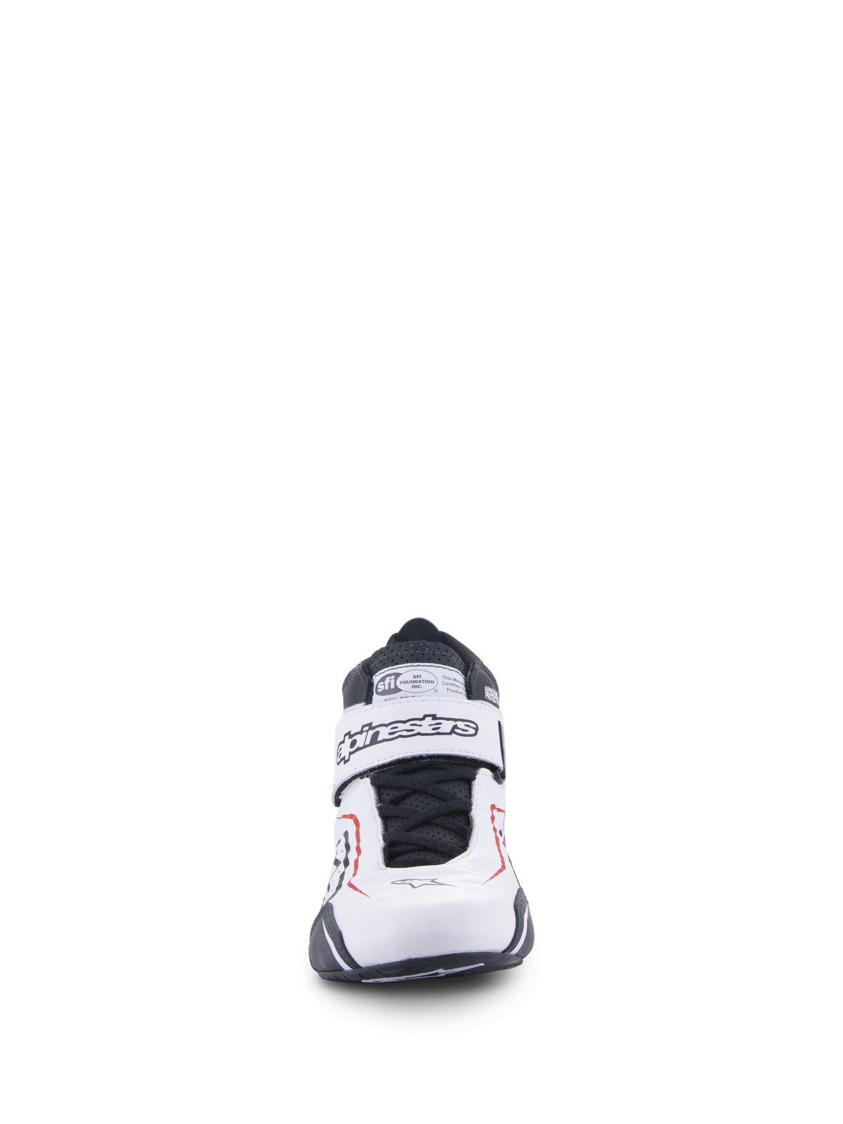 Zapatos Alpinestars Tech-1 T V3, zapatos de automovilismo, blanco, negro y rojo, vista frontal con correa de cierre de gancho y bucle con la marca Alpinestars, cordones negros y etiqueta de certificación SFI en la lengüeta