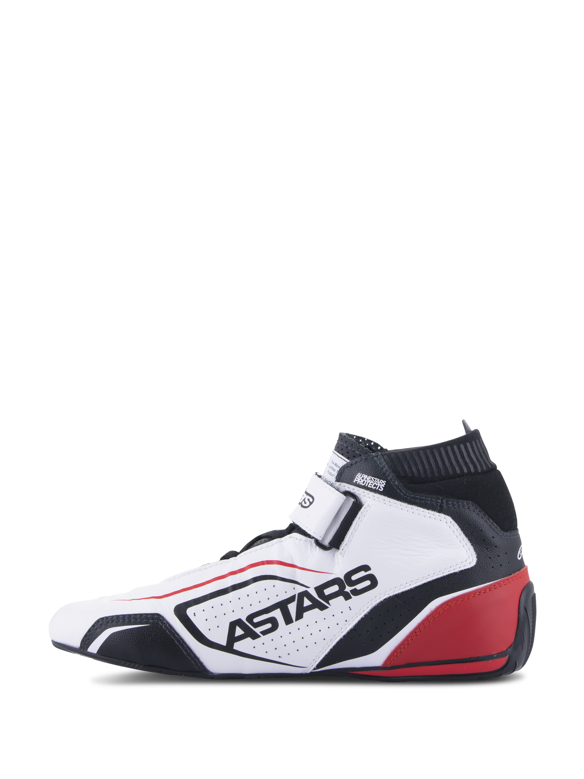 Zapatillas Alpinestars Tech-1 T V3 FIA, calzado profesional para automovilismo, blanco, negro y rojo, vista de perfil con logotipo ASTARS en cuero perforado, cuello ignífugo negro y detalles rojos en el talón, diseño de alto rendimiento para deportes de motor.
