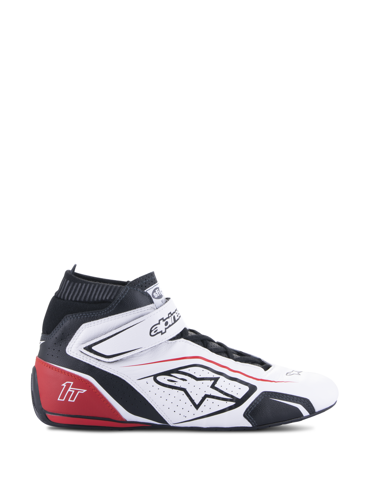 Alpinestars Tech-1 T V3 Shoes FIA, zapatillas de automovilismo, blanco, negro y rojo, vista de perfil lateral, diseño de cuero de caña alta con paneles perforados, talón rojo con logo 1T, cuello elástico negro, cierre de correa ajustable, calzado profesional para deportes de motor
