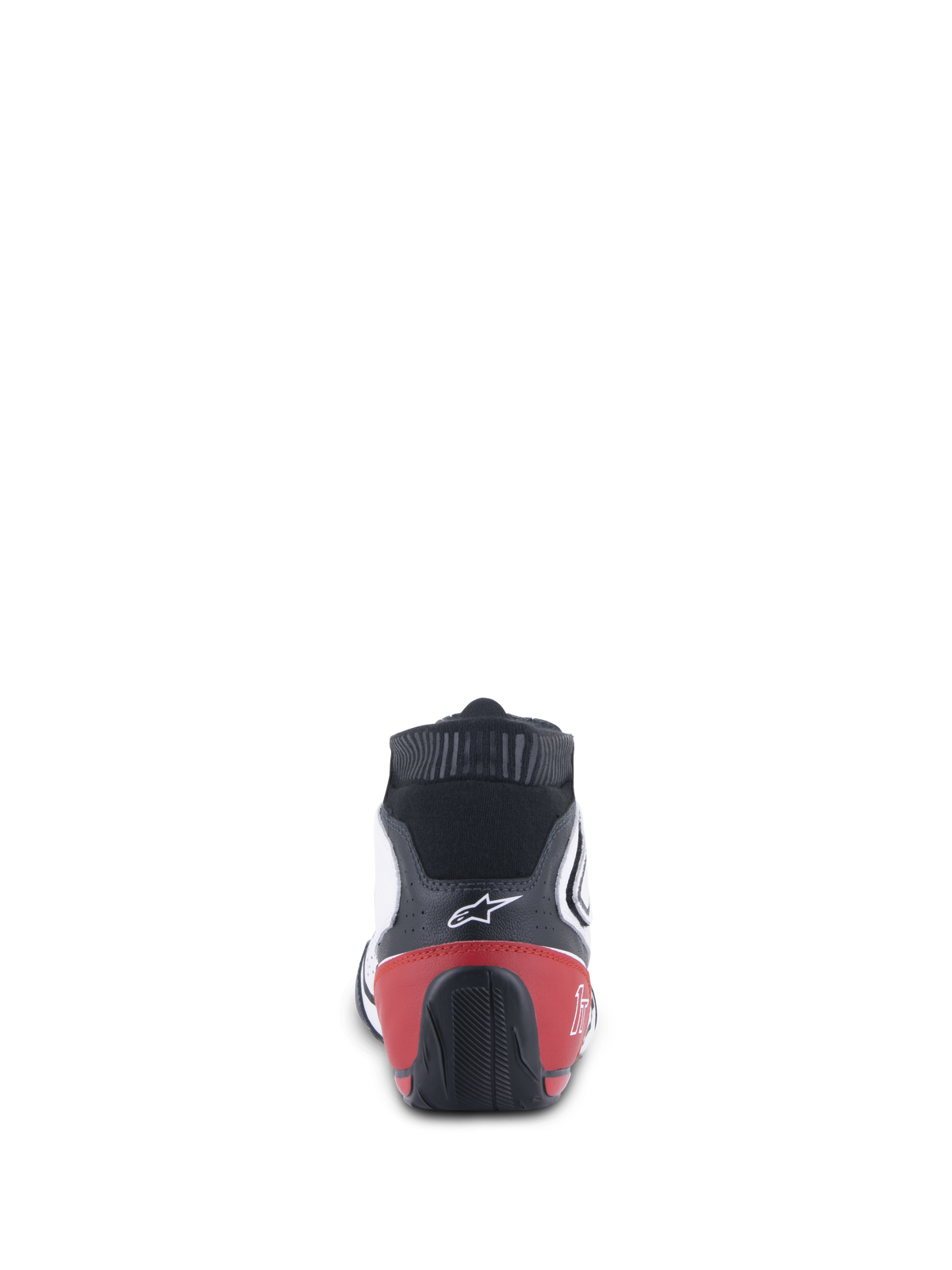 Alpinestars Tech-1 T V3 Shoes FIA, zapatos de automovilismo, blanco, negro y rojo, vista trasera que muestra el contrafuerte del talón rojo y la suela negra texturizada, logotipo blanco de Alpinestars en la parte superior de cuero negro