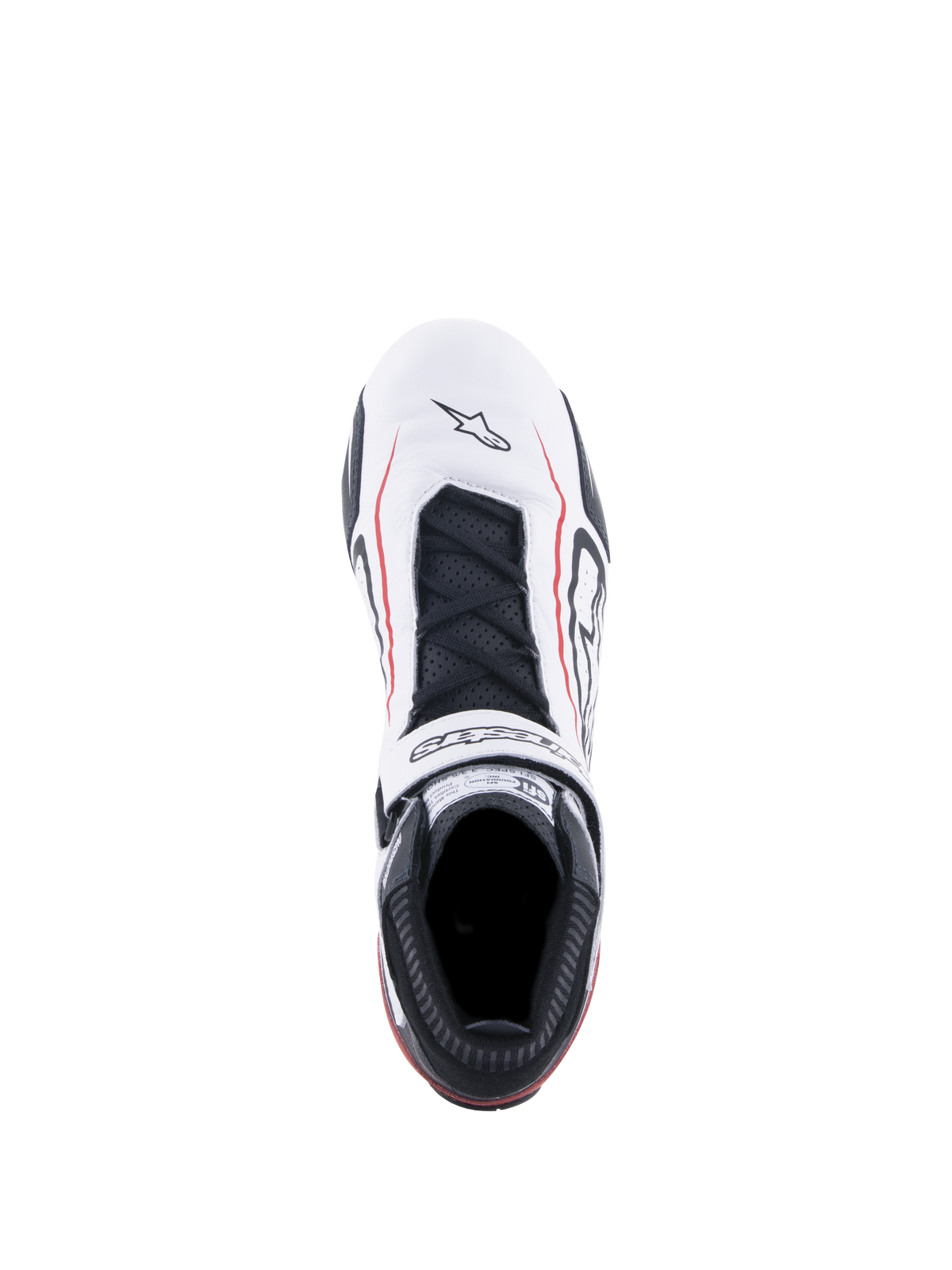 Alpinestars Tech-1 T V3 Shoes FIA, zapatos de automovilismo, blanco, negro y rojo, vista superior que presenta una parte superior de cuero blanco con líneas de acento rojas, cordones negros, correa de gancho y bucle con la marca y etiqueta de certificación SFI en la lengüeta