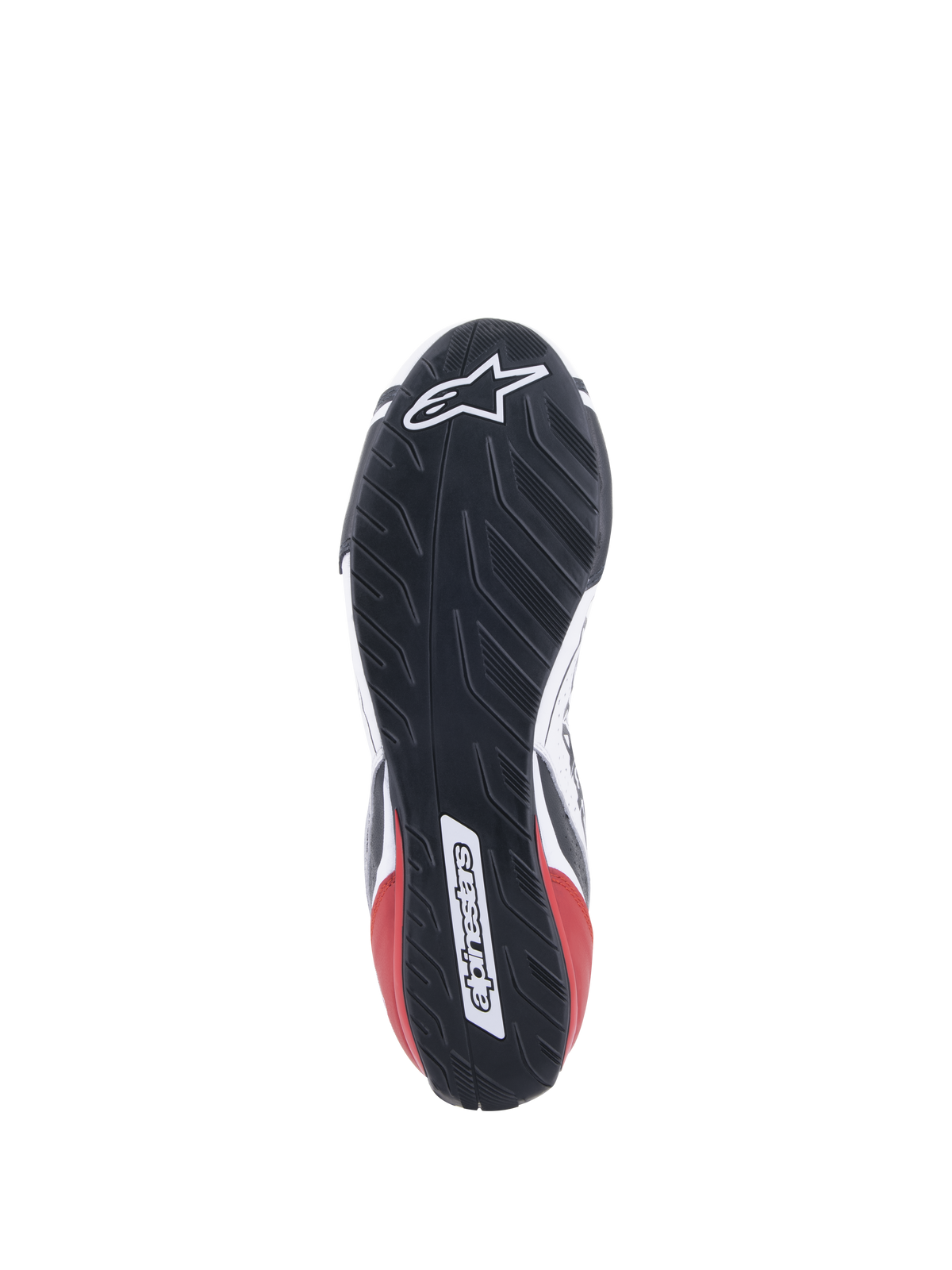 Zapatillas Alpinestars Tech-1 T V3 FIA, calzado de automovilismo, blanco, negro y rojo, vista detallada de la suela de goma asimétrica inspirada en el dibujo de un neumático, con el logotipo y el nombre de Alpinestars, diseño de suela resistente al aceite y repelente al agua