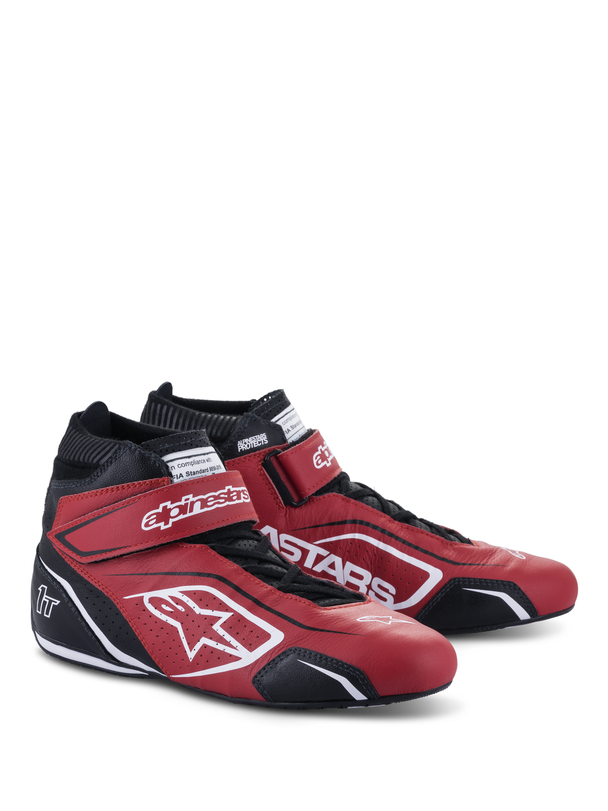 Alpinestars Tech-1 T V3 Shoes FIA, zapatillas de automovilismo, rojo, negro y blanco, par de zapatillas de cuero de media altura con correas de gancho y bucle ajustables y cordones tradicionales, con logotipos blancos de Alpinestars destacados y paneles laterales perforados.