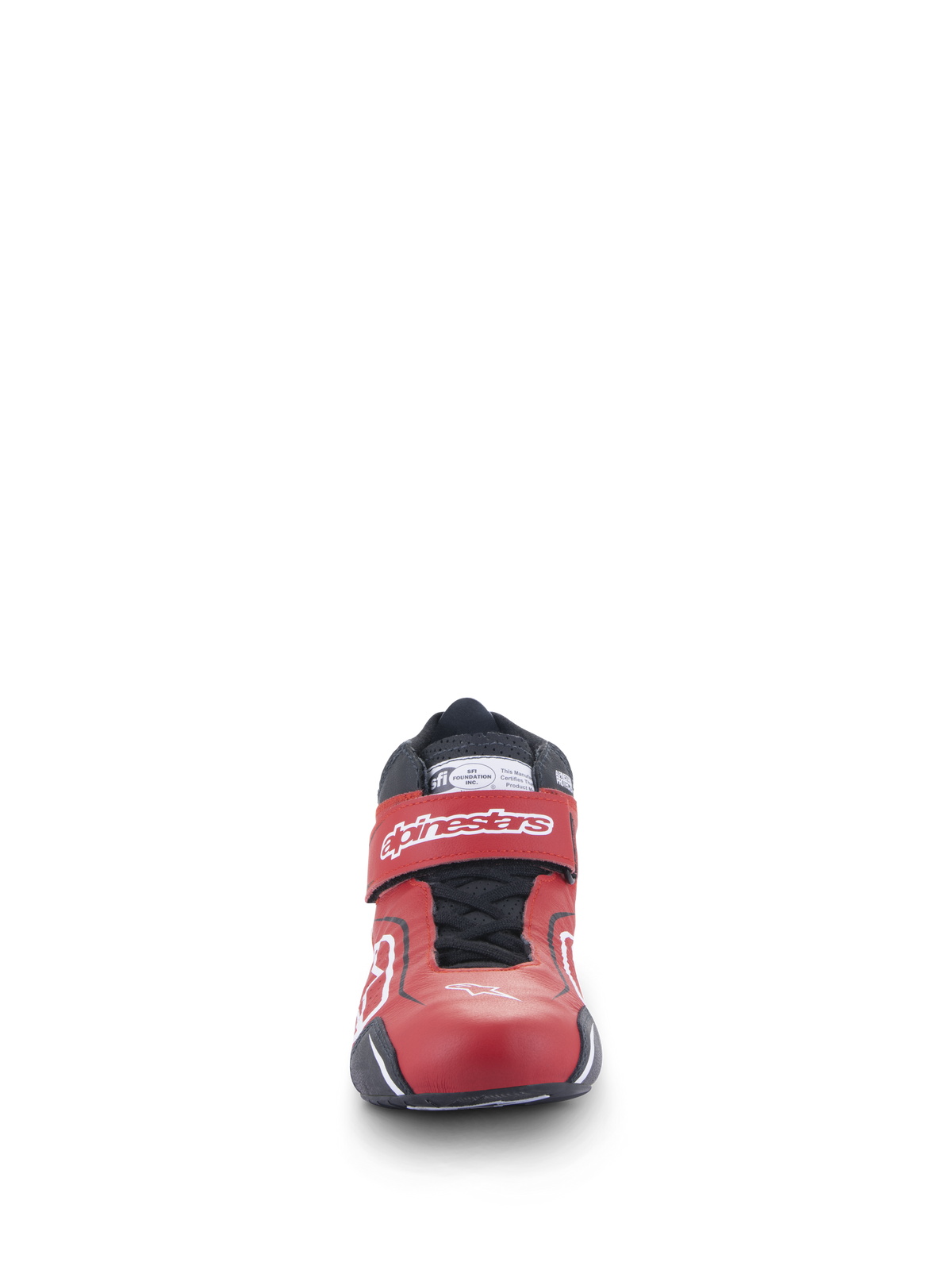 Alpinestars Tech-1 T V3 Shoes FIA, calzado de automovilismo, rojo, negro y blanco, vista frontal que muestra el elegante diseño de cuero, correa ajustable en el tobillo con logotipo blanco y sistema de cierre con cordones negros.