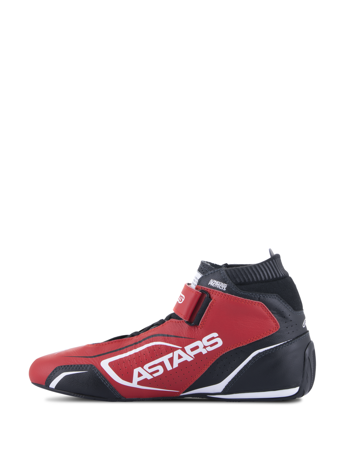 Alpinestars Tech-1 T V3 Shoes FIA, calzado para automovilismo, rojo, negro y blanco, vista de perfil lateral con marca ASTARS en blanco, correa de cierre de velcro y cuello elástico ignífugo, calzado profesional de competición con construcción en cuero de vaca