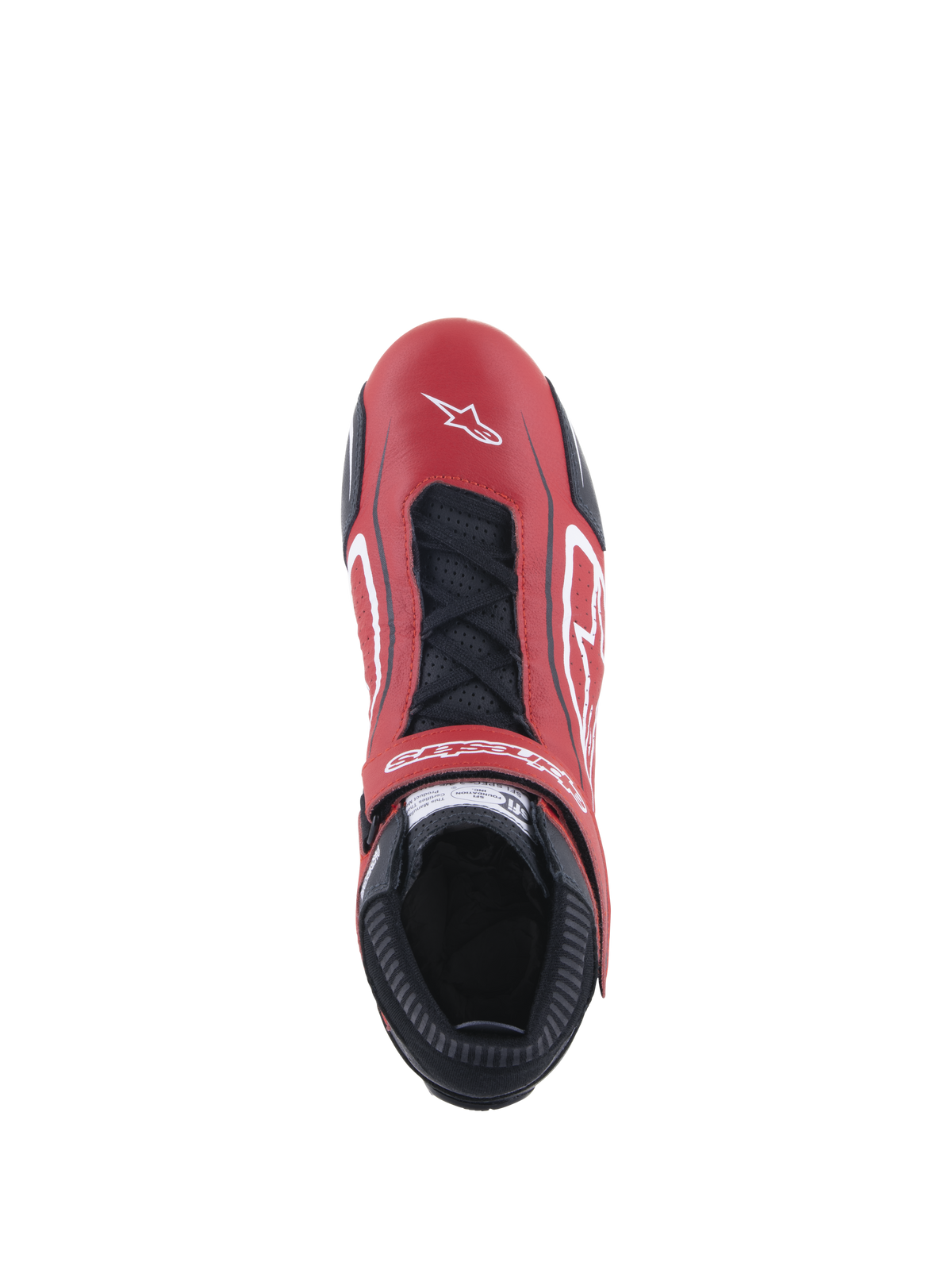 Alpinestars Tech-1 T V3 Shoes FIA, zapatos de automovilismo, rojos, negros y blancos, vista superior que muestra la parte superior de cuero de vaca rojo con cordones negros y correa ajustable, con logotipos blancos y un perfil delgado para conducción competitiva.