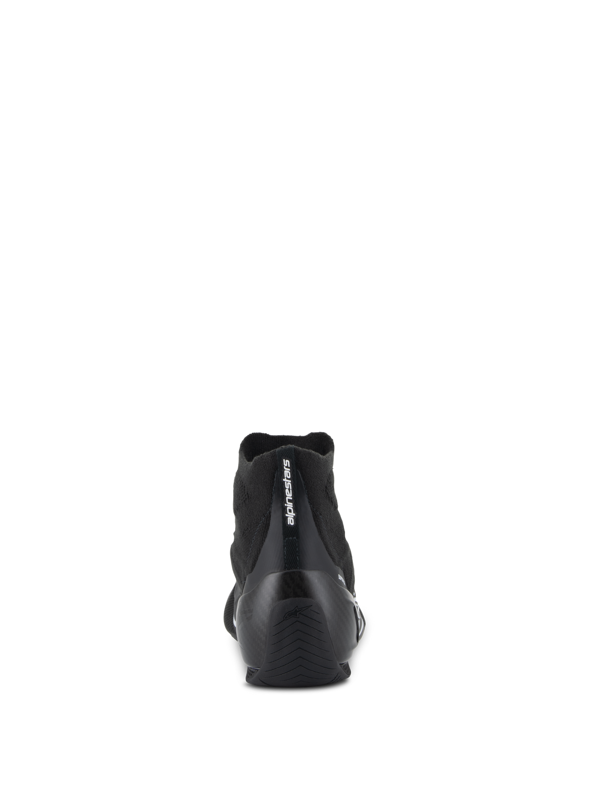 Alpinestars Supertech Shoes - FIA/SFI, zapatos de carreras de automovilismo, negro, vista posterior con copa del talón de fibra de carbono y parte superior de tejido, marca Alpinestars vertical en el talón, equipo profesional de automovilismo