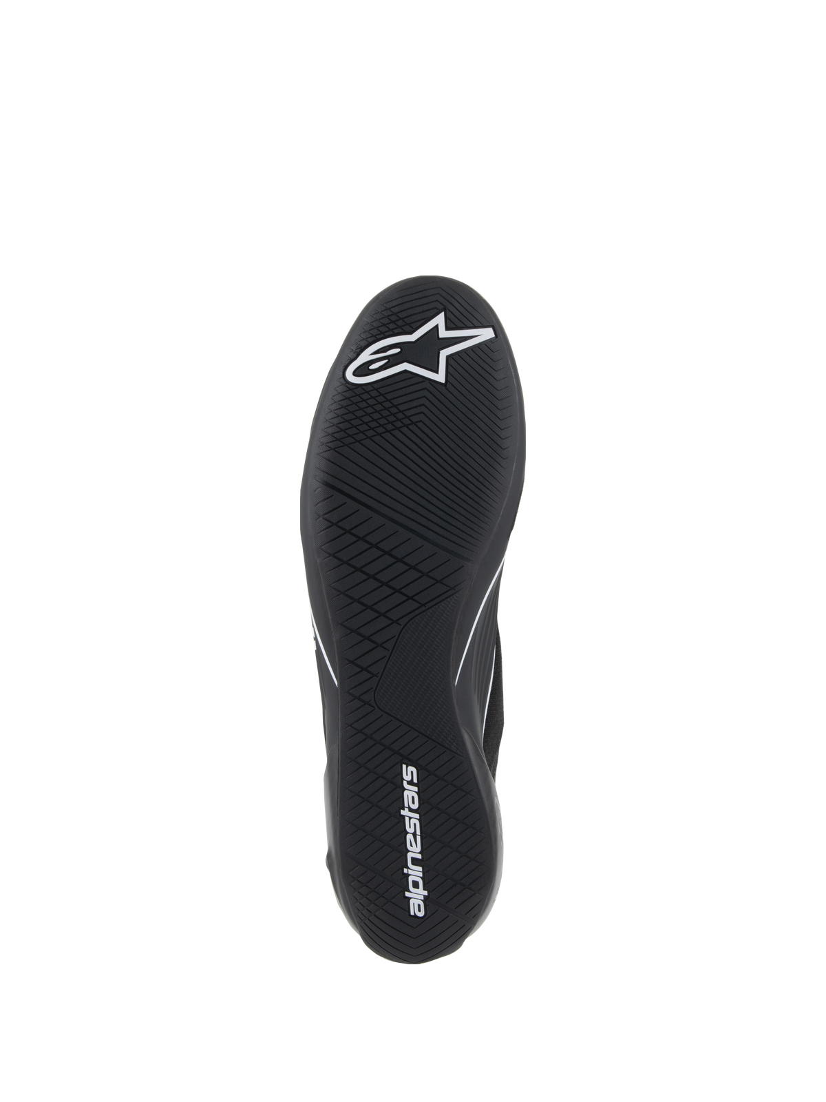 Alpinestars Supertech Shoes, zapatos de automovilismo, negros, vista inferior de la suela de goma ultrafina con logo de estrella blanca y marca alpinestars, con un patrón de banda de rodadura asimétrico para sensibilidad con los pedales y agarre