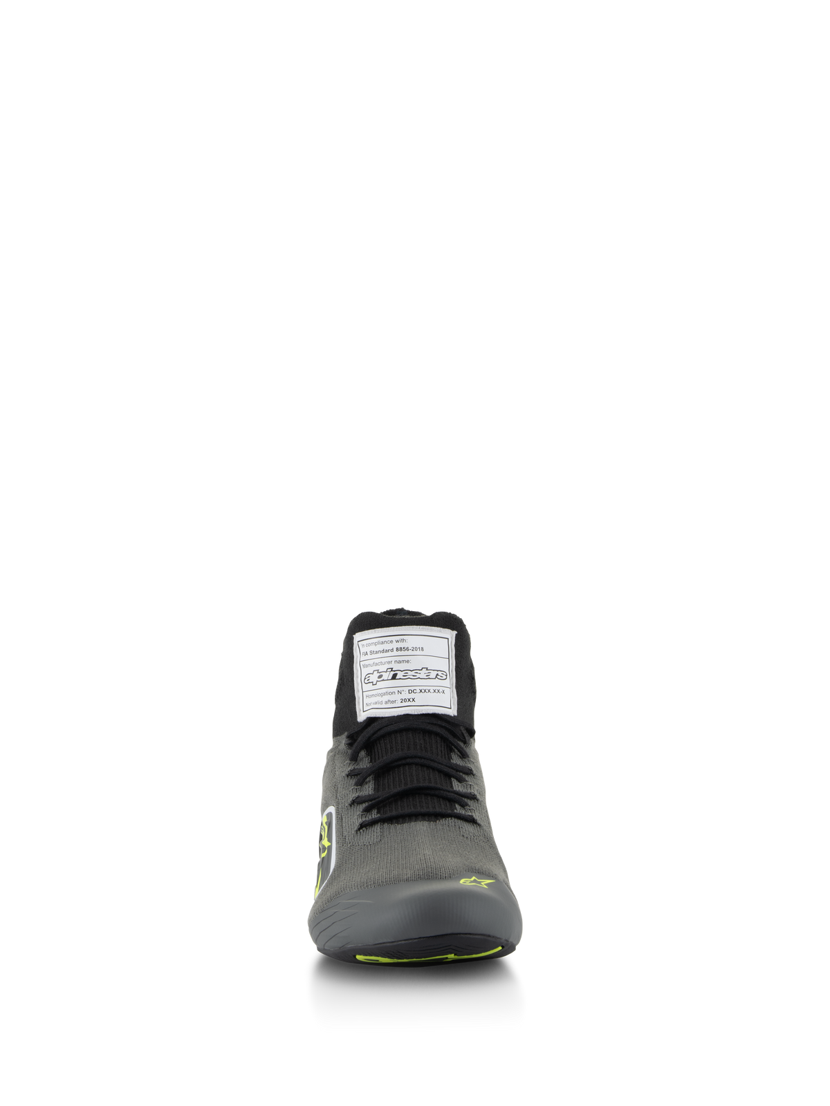 Zapatos Alpinestars Supertech, zapatos de automovilismo, gris frío con negro y amarillo flúor, vista frontal con parte superior de punto y etiqueta de certificación FIA en la lengüeta