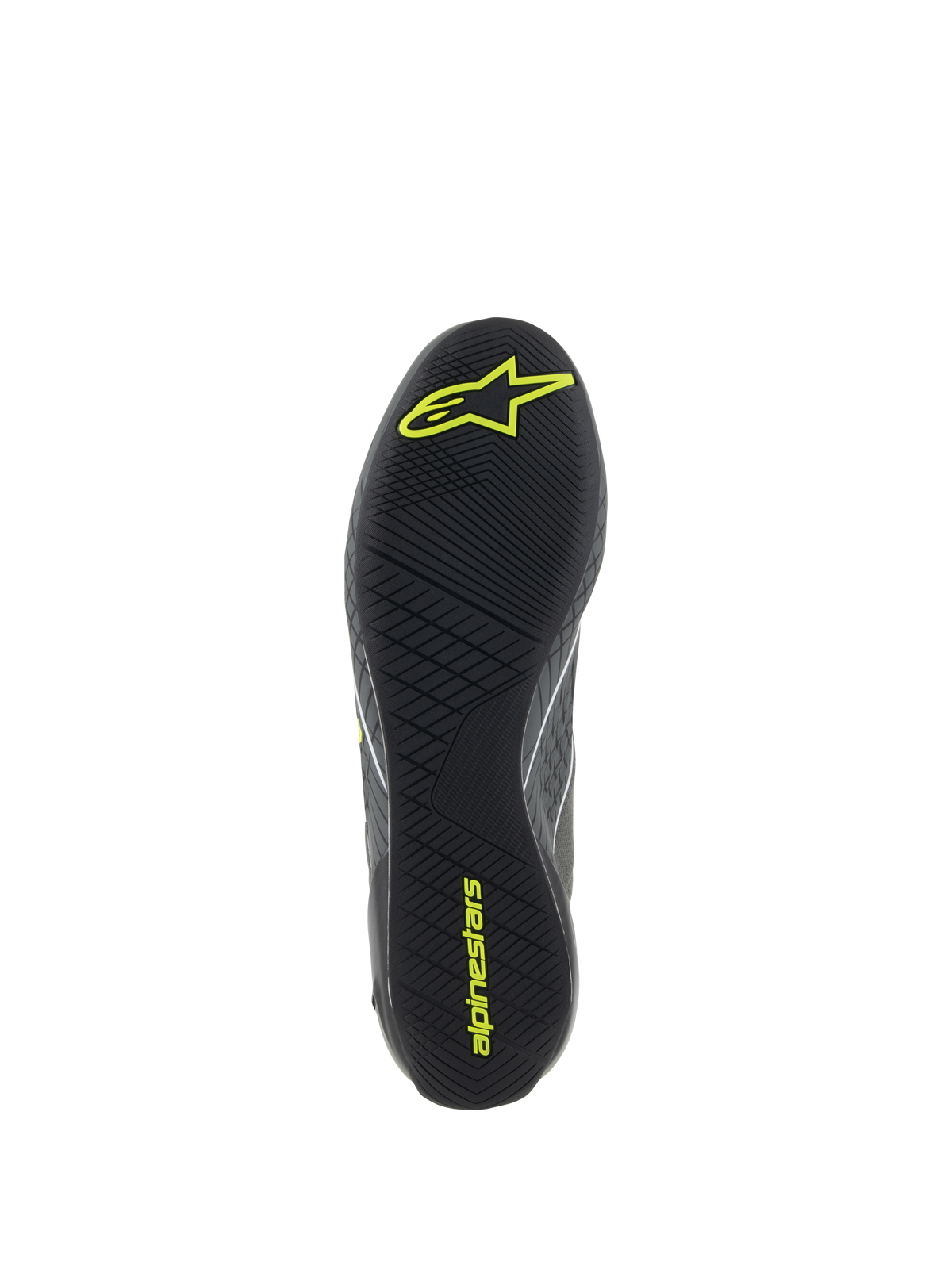 Zapatos Alpinestars Supertech, calzado para carreras de automovilismo, gris frío y amarillo flúor, vista detallada de la suela de goma negra con banda de rodadura asimétrica texturizada y logotipos amarillos de Alpinestars para mayor agarre y sensibilidad en los pedales.