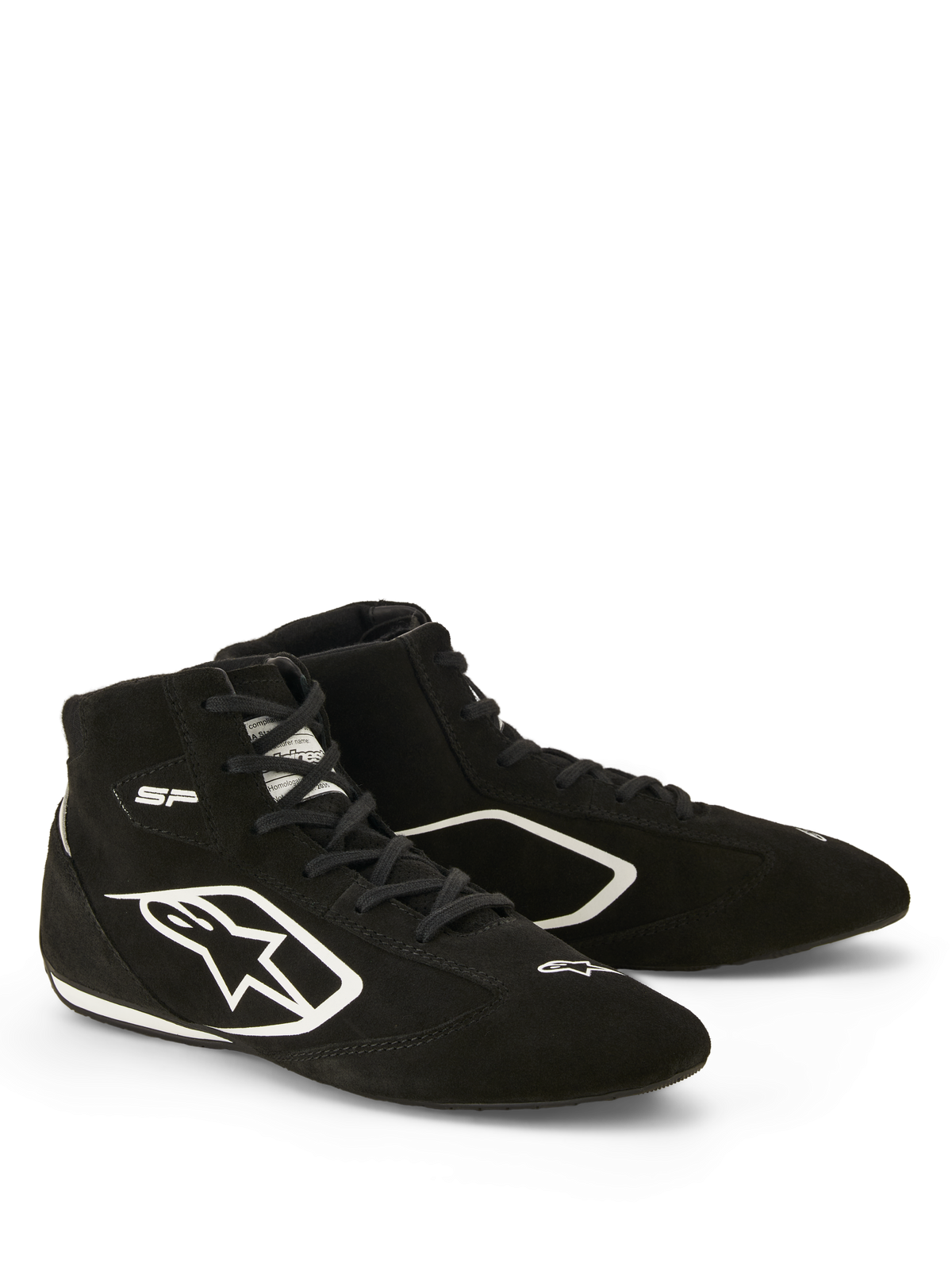 Zapatillas Alpinestars SP V3 FIA, calzado de automovilismo, color negro y blanco, construcción en gamuza premium, con el logotipo Astars en blanco en el lateral y suela fina de competición para una mejor sensación del pedal