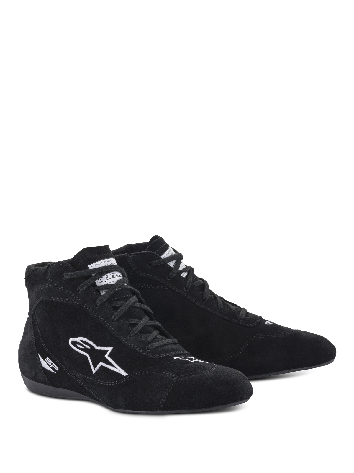 Zapatos Alpinestars SP V2, zapatos de automovilismo, negro, diseño de ante de caña alta con logo de estrella bordado en blanco y marca SP, suela ultrafina de especificación F1 para una sensación precisa del pedal, calzado profesional para automovilismo