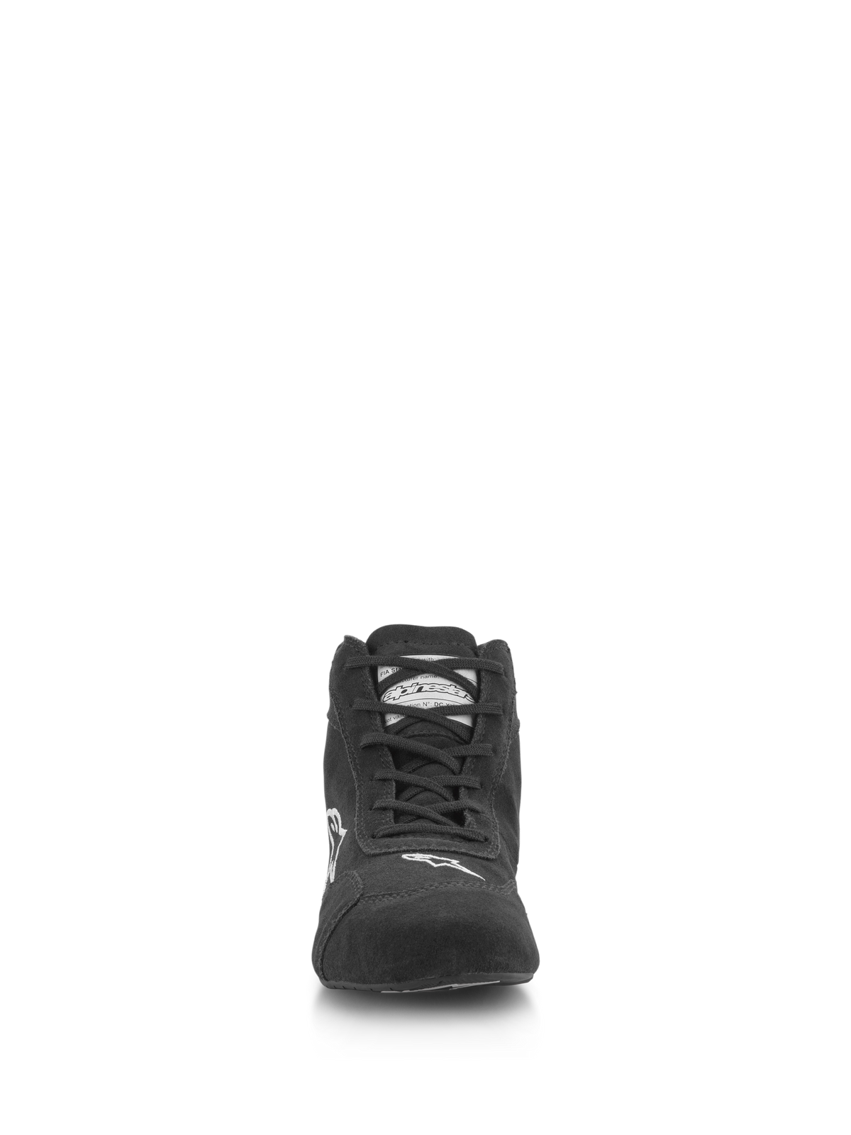 Zapatos Alpinestars SP V2, calzado para automovilismo, negro, vista frontal con parte superior de ante de primera calidad, sistema de cordones asimétricos, logotipo de Alpinestars blanco en la puntera, calzado profesional para deportes de motor