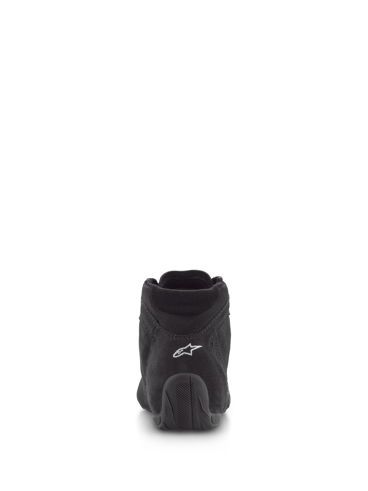 Zapatos Alpinestars SP V2, calzado para automovilismo, negro, vista trasera con parte superior de ante de primera calidad, logotipo blanco en el talón y suela de goma texturizada, calzado profesional para automovilismo