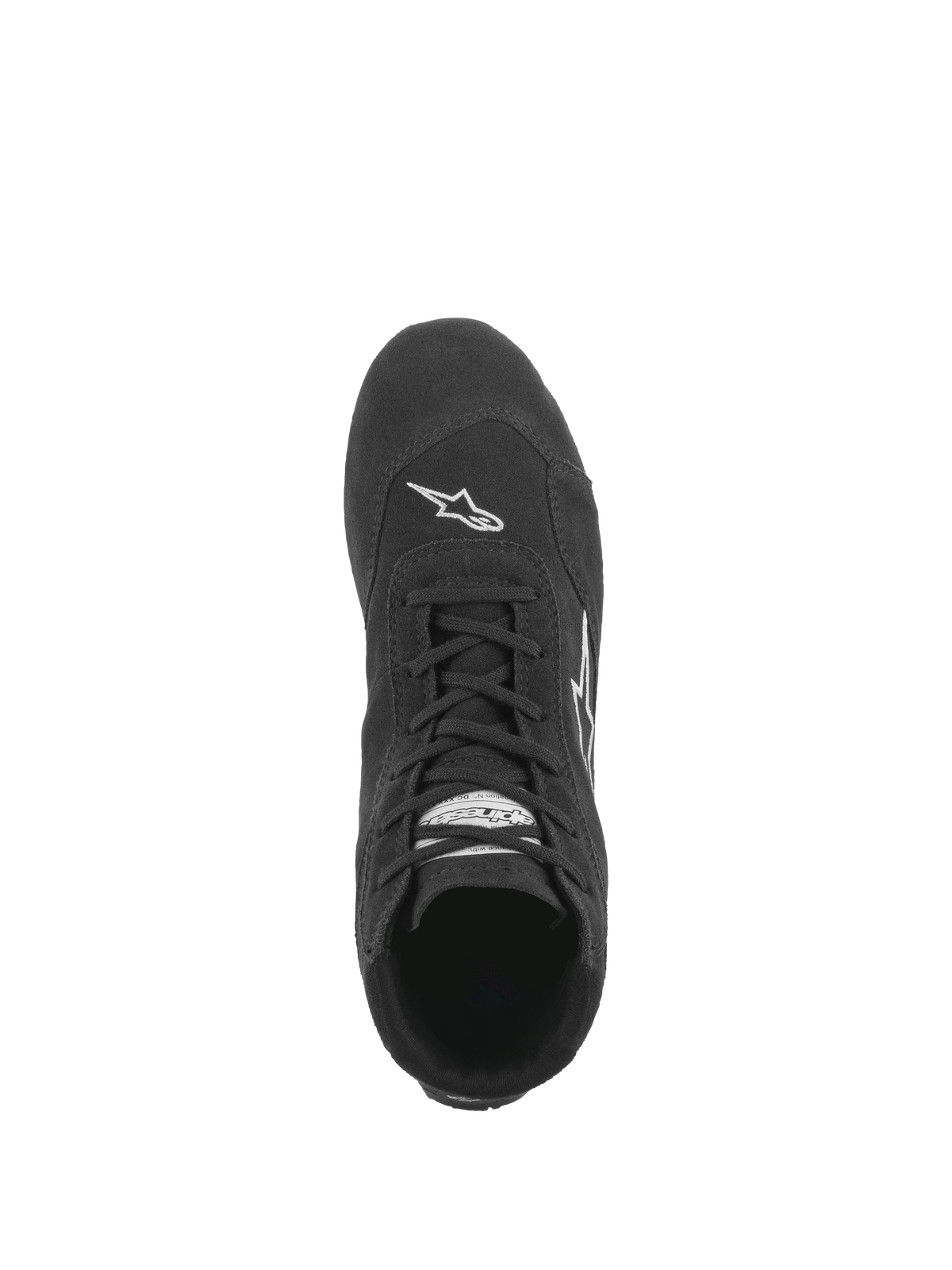 Zapatos Alpinestars SP V2, calzado de automovilismo, color negro, vista superior que muestra el sistema de cordones asimétricos, construcción en ante de primera calidad y el logotipo blanco de Astars en la puntera