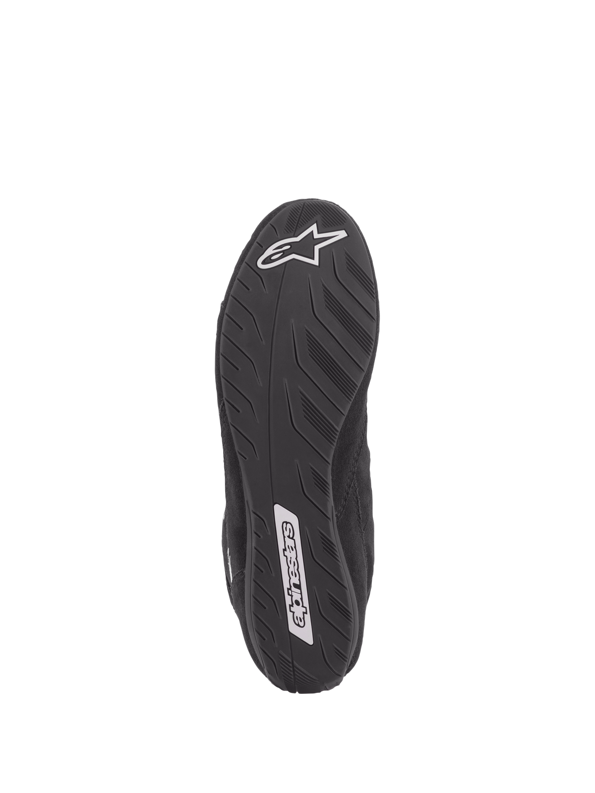 Zapatos Alpinestars SP V2, calzado de automovilismo, negro, vista inferior de la suela ultrafina con especificación de Fórmula 1, agarre texturizado para mayor tacto de los pedales, con logotipos blancos de Alpinestars en el talón y el mediopié