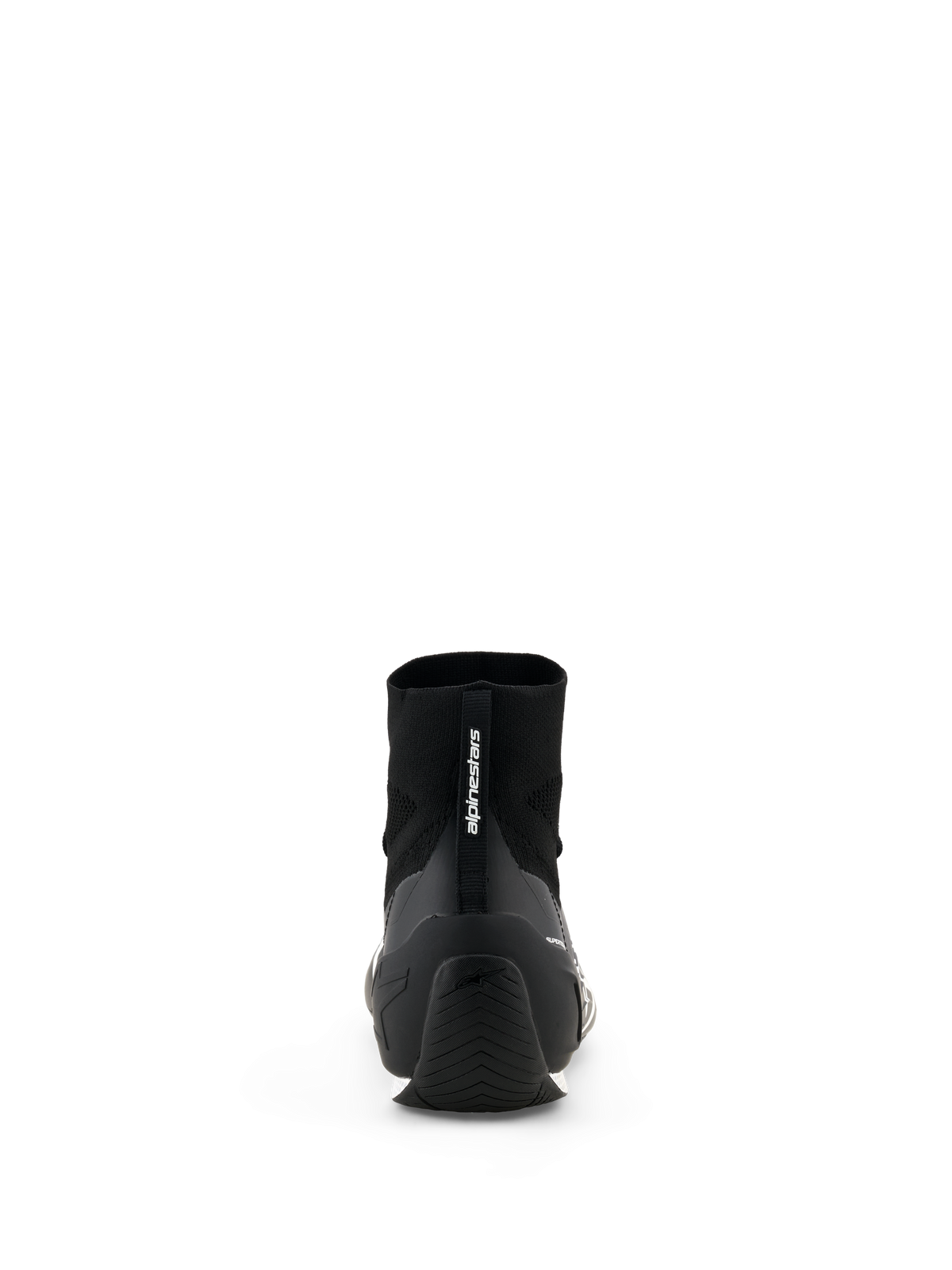 Alpinestars Supertech K Shoes - FIA, zapatos de karting, negros, vista trasera que muestra la construcción de la parte superior tejida y el contrafuerte del talón de TPU, marca Alpinestars en el tirador del talón, calzado profesional para automovilismo